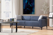 Sofá elegante de 3 lugares, tecido azul, 215 x 87 x 86 cm | Estrutura em madeira de faia e aglomerado, 100% poliéster, inclui 2 almofadas | Design escandinavo moderno