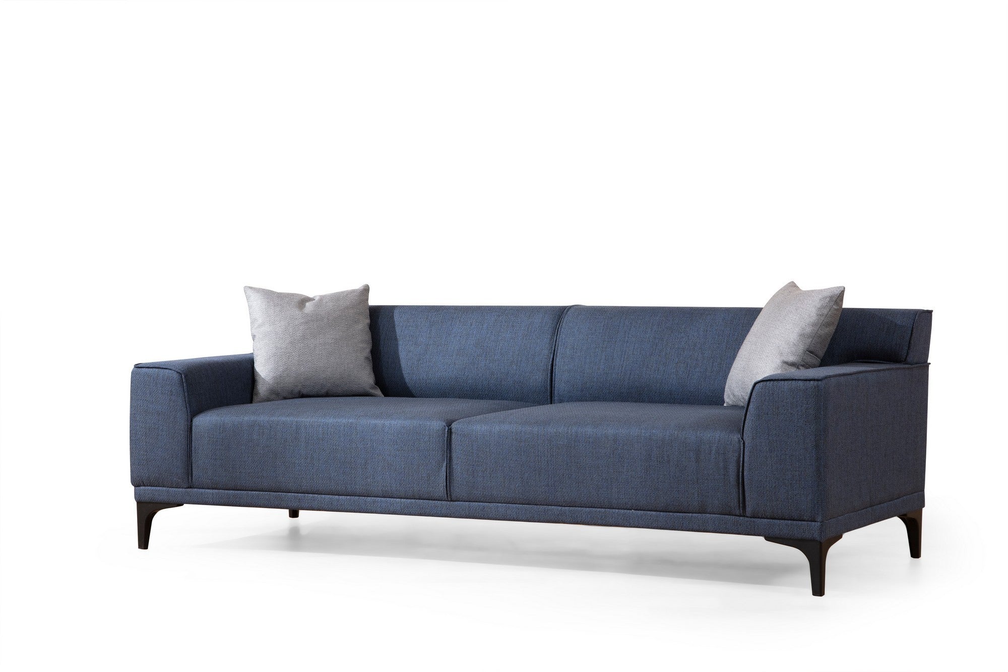 Sofá elegante de 3 lugares, tecido azul, 215 x 87 x 86 cm | Estrutura em madeira de faia e aglomerado, 100% poliéster, inclui 2 almofadas | Design escandinavo moderno