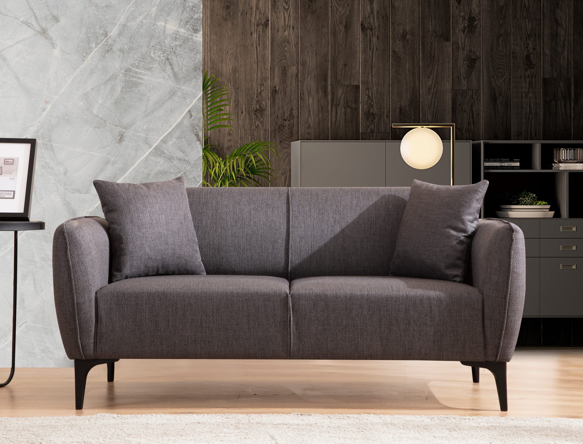 Sofá elegante de 2 lugares, cinza escuro, 160 x 67 x 95 cm | Estrutura em madeira de faia e aglomerado, 100% poliéster, almofadas de espuma e penas | Perfeito para espaços modernos e industriais