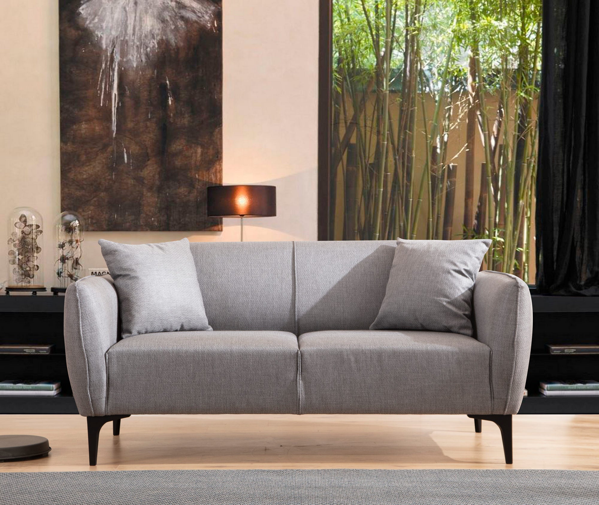 Sofá elegante de 2 lugares, cinza, 160 x 95 x 67 cm | Estrutura em madeira de faia e aglomerado, 100% poliéster, almofadas de espuma e penas | Perfeito para decoração industrial moderna e escandinava
