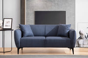 Sofá elegante de 2 lugares, azul, 160 cm | Estrutura em madeira de faia e aglomerado, 100% poliéster, almofadas fixas, inclui 2 travesseiros | Perfeito para espaços modernos e industriais
