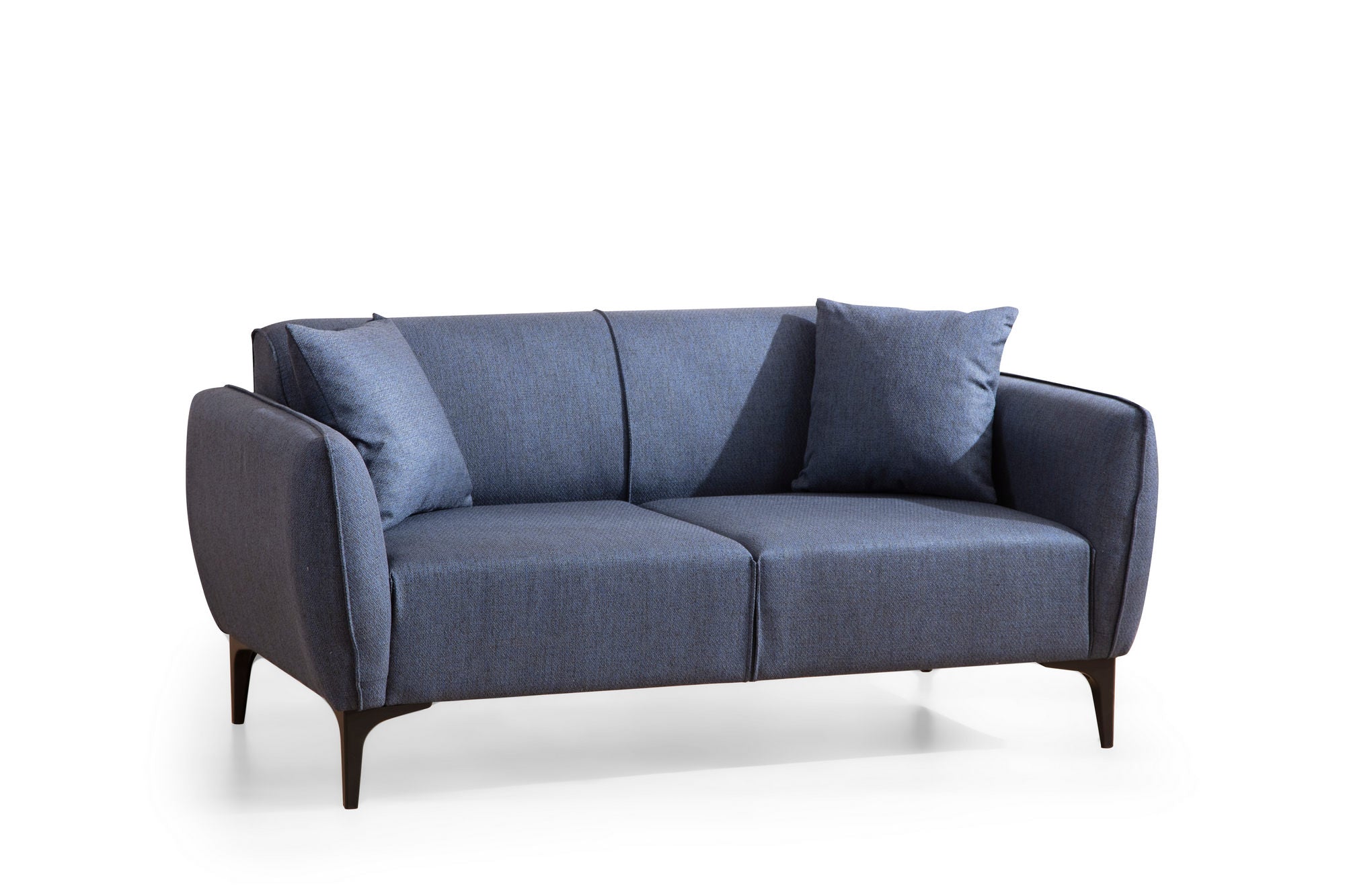 Sofá elegante de 2 lugares, azul, 160 cm | Estrutura em madeira de faia e aglomerado, 100% poliéster, almofadas fixas, inclui 2 travesseiros | Perfeito para espaços modernos e industriais
