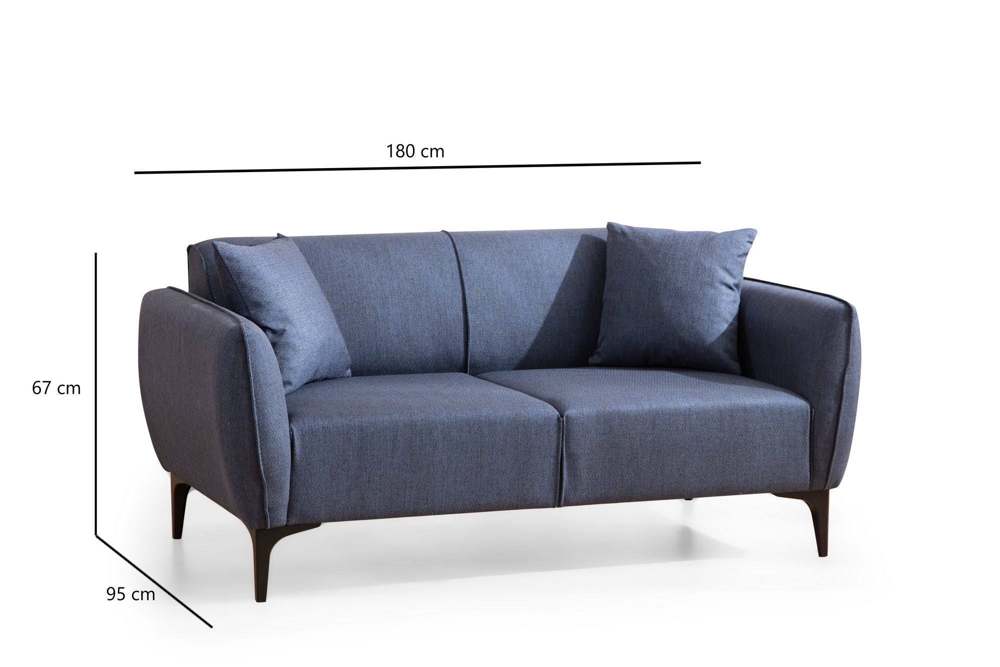 Sofá elegante de 2 lugares, azul, 160 cm | Estrutura em madeira de faia e aglomerado, 100% poliéster, almofadas fixas, inclui 2 travesseiros | Perfeito para espaços modernos e industriais