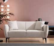 Sofá elegante de 2 lugares, branco-sujo, 160 x 95 x 67 cm | Estrutura em madeira de faia e aglomerado, 100% poliéster, almofadas de espuma e penas | Perfeito para decoração moderna e escandinava