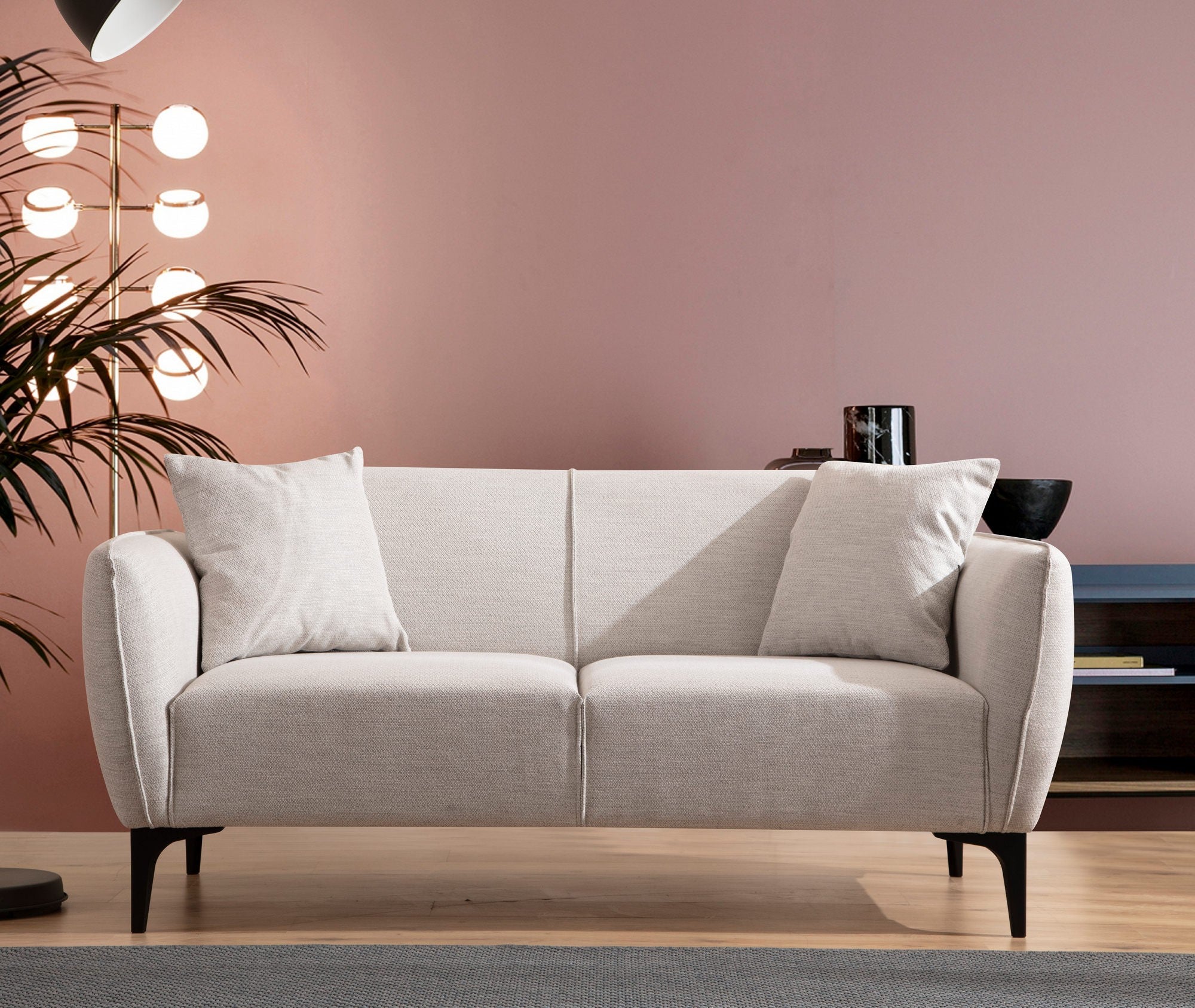Sofá elegante de 2 lugares, branco-sujo, 160 x 95 x 67 cm | Estrutura em madeira de faia e aglomerado, 100% poliéster, almofadas de espuma e penas | Perfeito para decoração moderna e escandinava