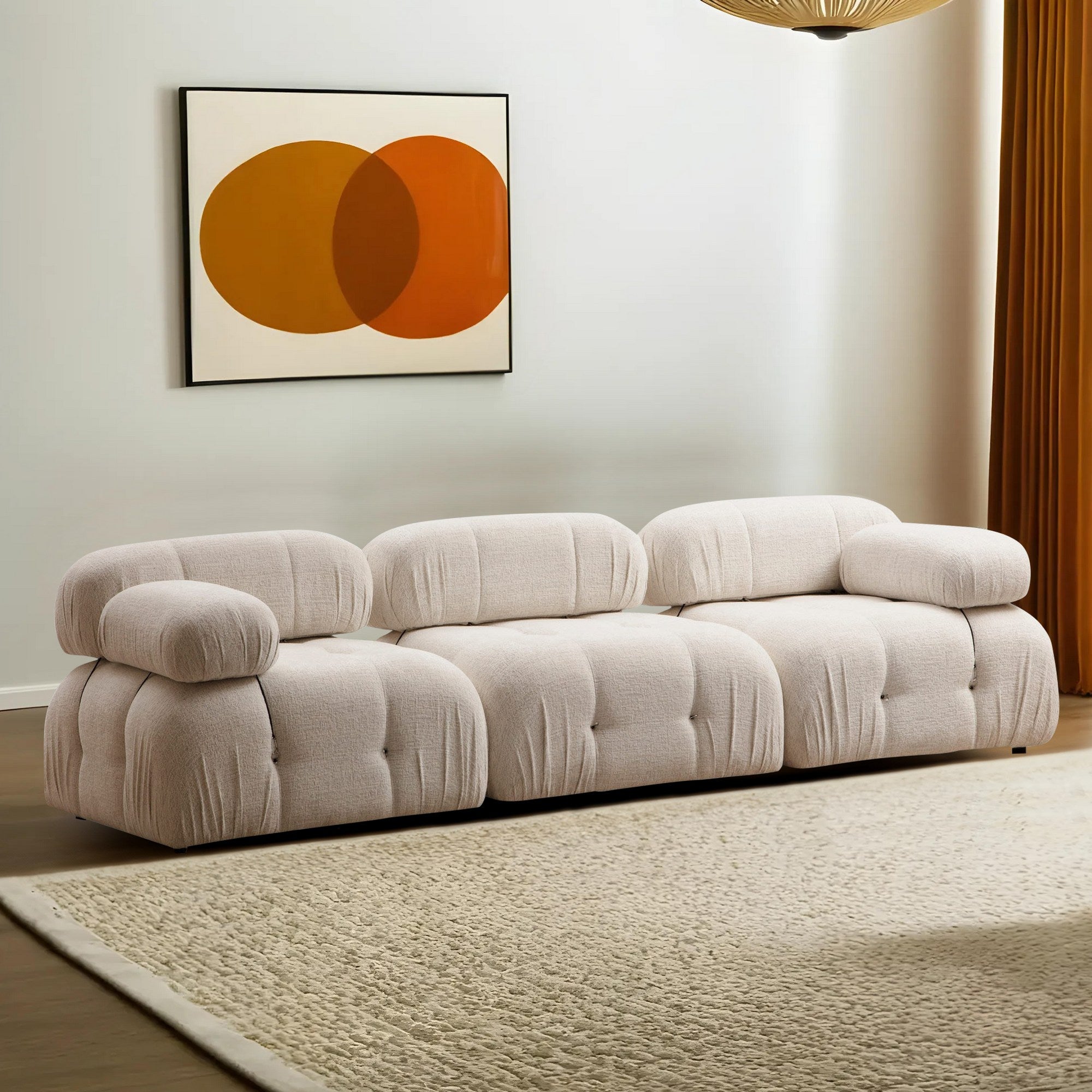 Sofá elegante de 3 lugares, cor creme, 288 x 95 x 75 cm | Estrutura em madeira de faia, 100% poliéster, encosto e braço removíveis | Perfeito para decoração escandinava e hoteleira