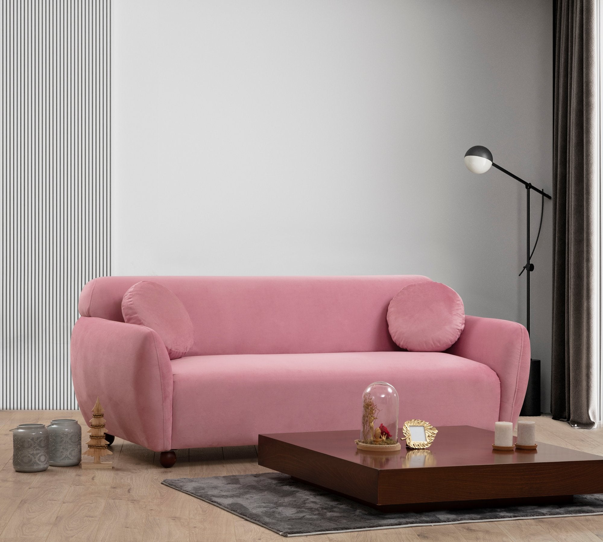 Sofá elegante de 3 lugares em rosa-pó, estrutura de madeira de faia, 100% poliéster, 223 x 83 x 86 cm | Inclui 2 almofadas, almofadas fixas e pernas de nogueira | Conforto moderno