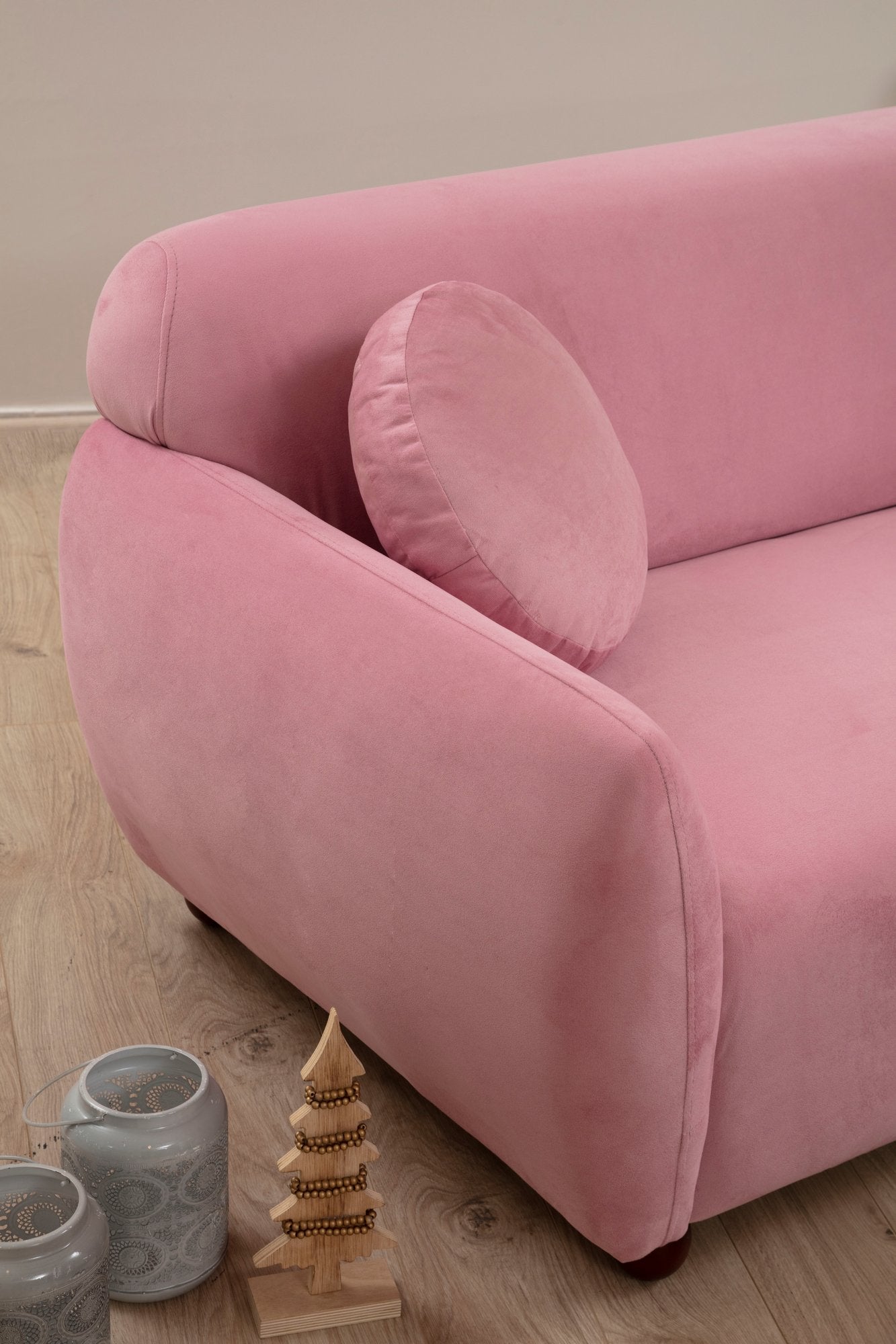 Sofá elegante de 3 lugares em rosa-pó, estrutura de madeira de faia, 100% poliéster, 223 x 83 x 86 cm | Inclui 2 almofadas, almofadas fixas e pernas de nogueira | Conforto moderno