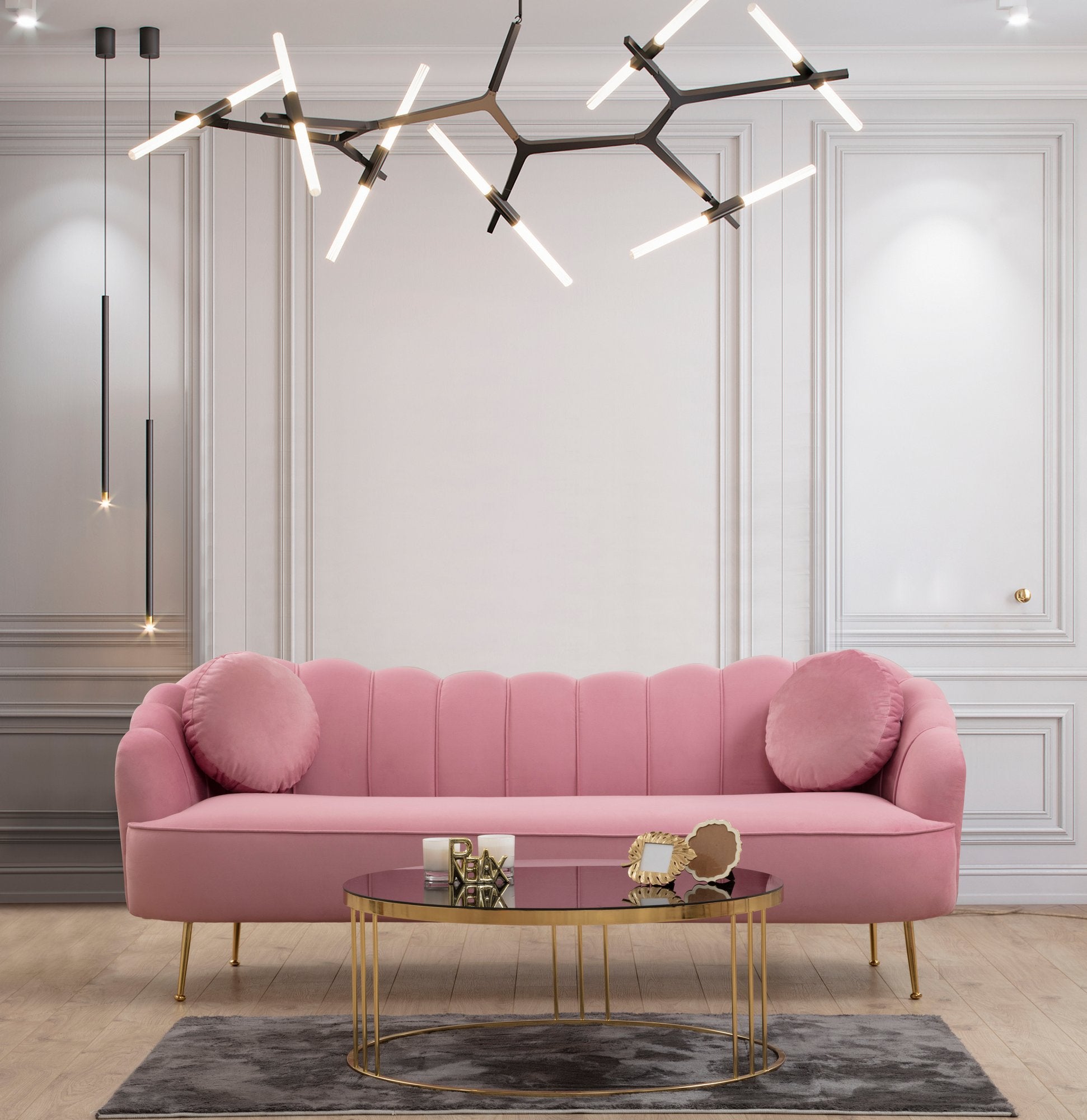 Sofá elegante de 3 lugares, rosa-pó, 215 x 90 x 80 cm | Estrutura de madeira de faia, 100% poliéster, pernas de metal dourado | Almofadas macias de espuma e penas, design glamoroso
