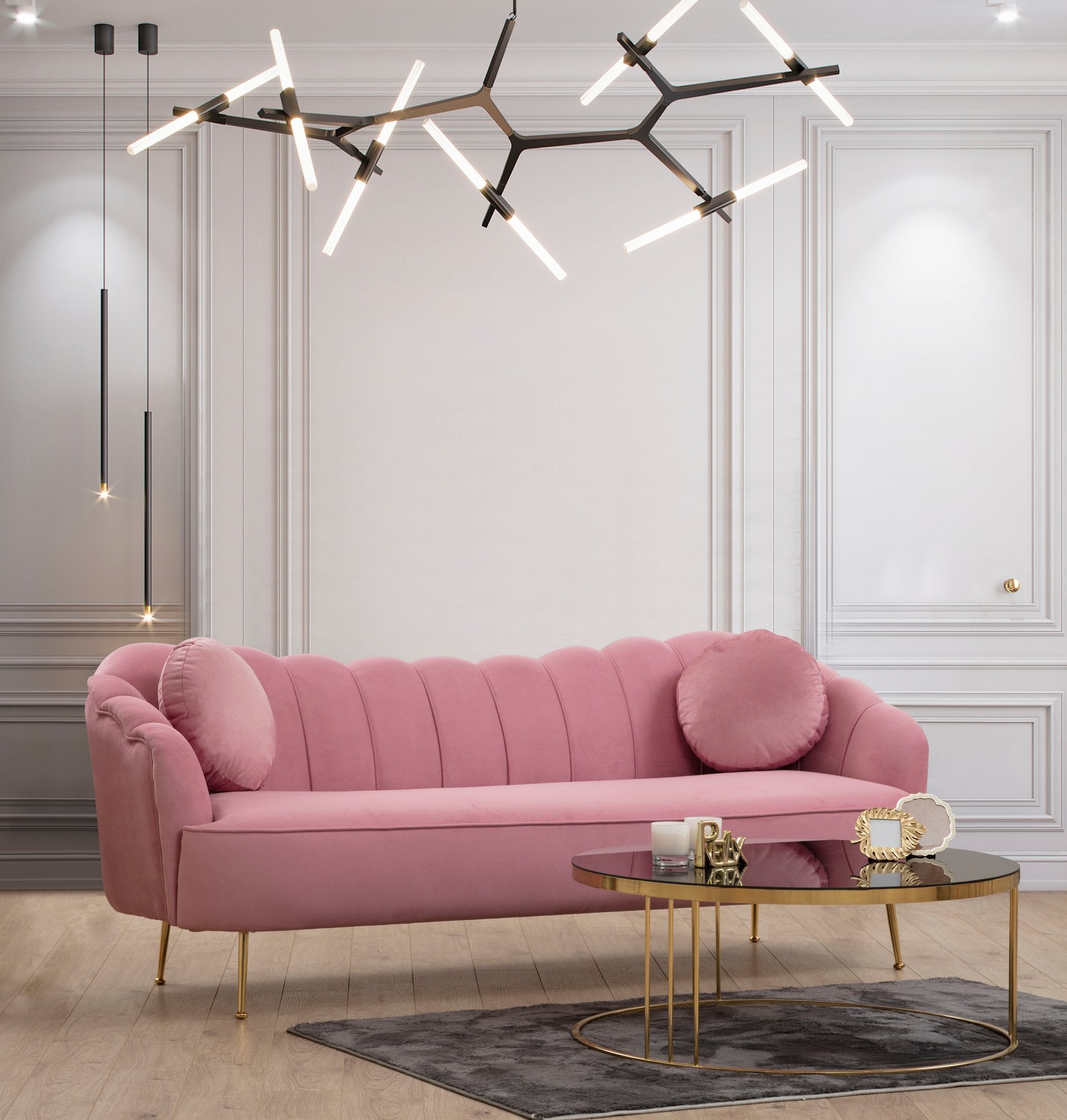Sofá elegante de 3 lugares, rosa-pó, 215 x 90 x 80 cm | Estrutura de madeira de faia, 100% poliéster, pernas de metal dourado | Almofadas macias de espuma e penas, design glamoroso