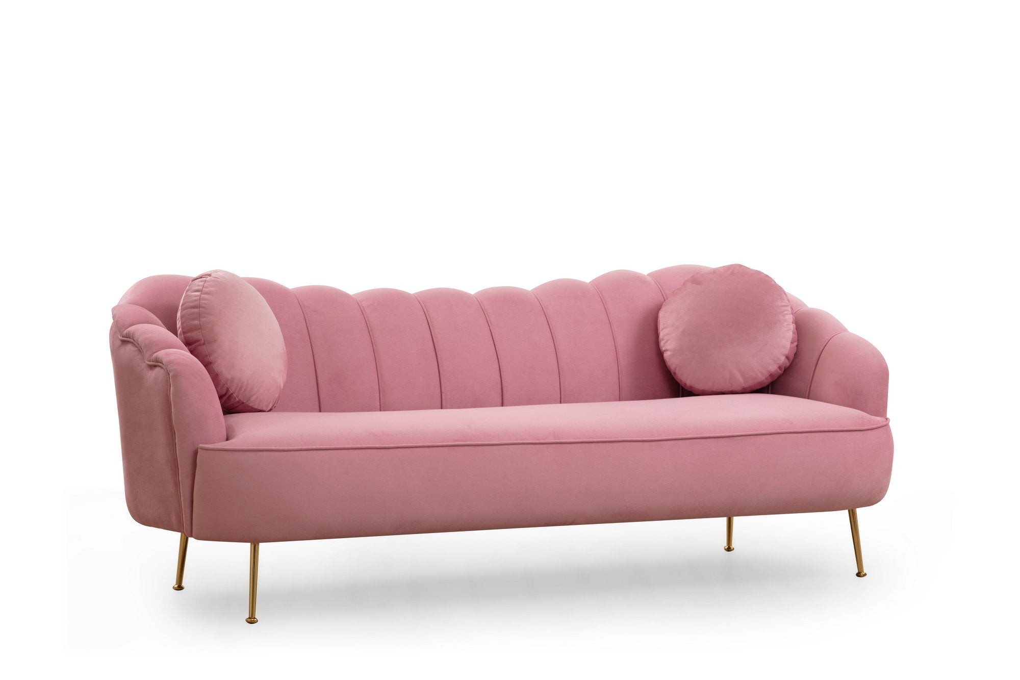 Sofá elegante de 3 lugares, rosa-pó, 215 x 90 x 80 cm | Estrutura de madeira de faia, 100% poliéster, pernas de metal dourado | Almofadas macias de espuma e penas, design glamoroso