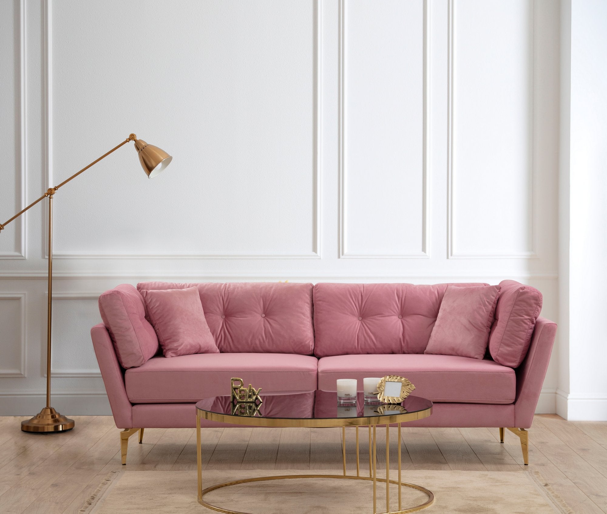 Sofá elegante de 3 lugares em rosa-pó, 214 cm | Estrutura em madeira de faia e aglomerado, tecido de poliéster macio, almofadas portáteis, pernas de metal preto fosco | Perfeito para decoração glamorosa
