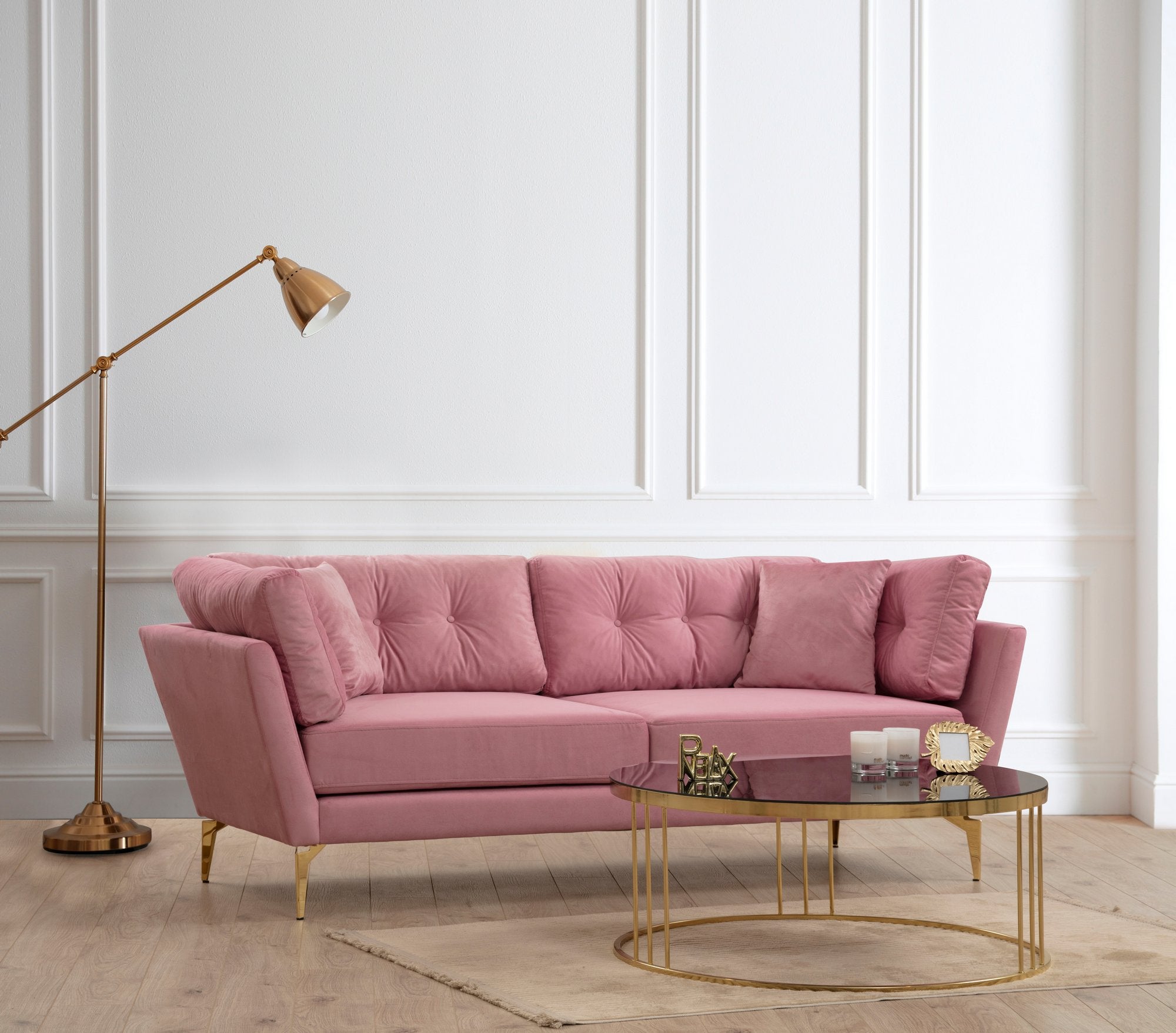 Sofá elegante de 3 lugares em rosa-pó, 214 cm | Estrutura em madeira de faia e aglomerado, tecido de poliéster macio, almofadas portáteis, pernas de metal preto fosco | Perfeito para decoração glamorosa