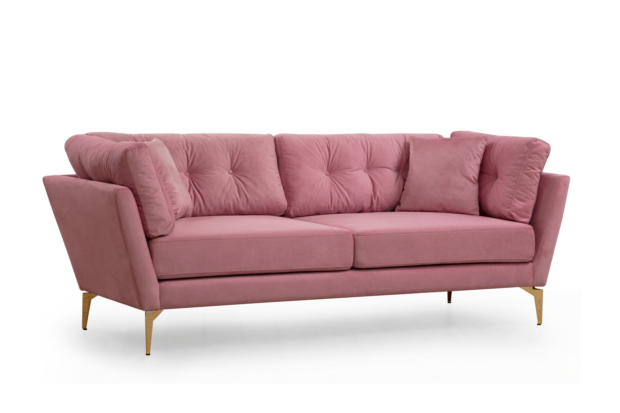Sofá elegante de 3 lugares em rosa-pó, 214 cm | Estrutura em madeira de faia e aglomerado, tecido de poliéster macio, almofadas portáteis, pernas de metal preto fosco | Perfeito para decoração glamorosa