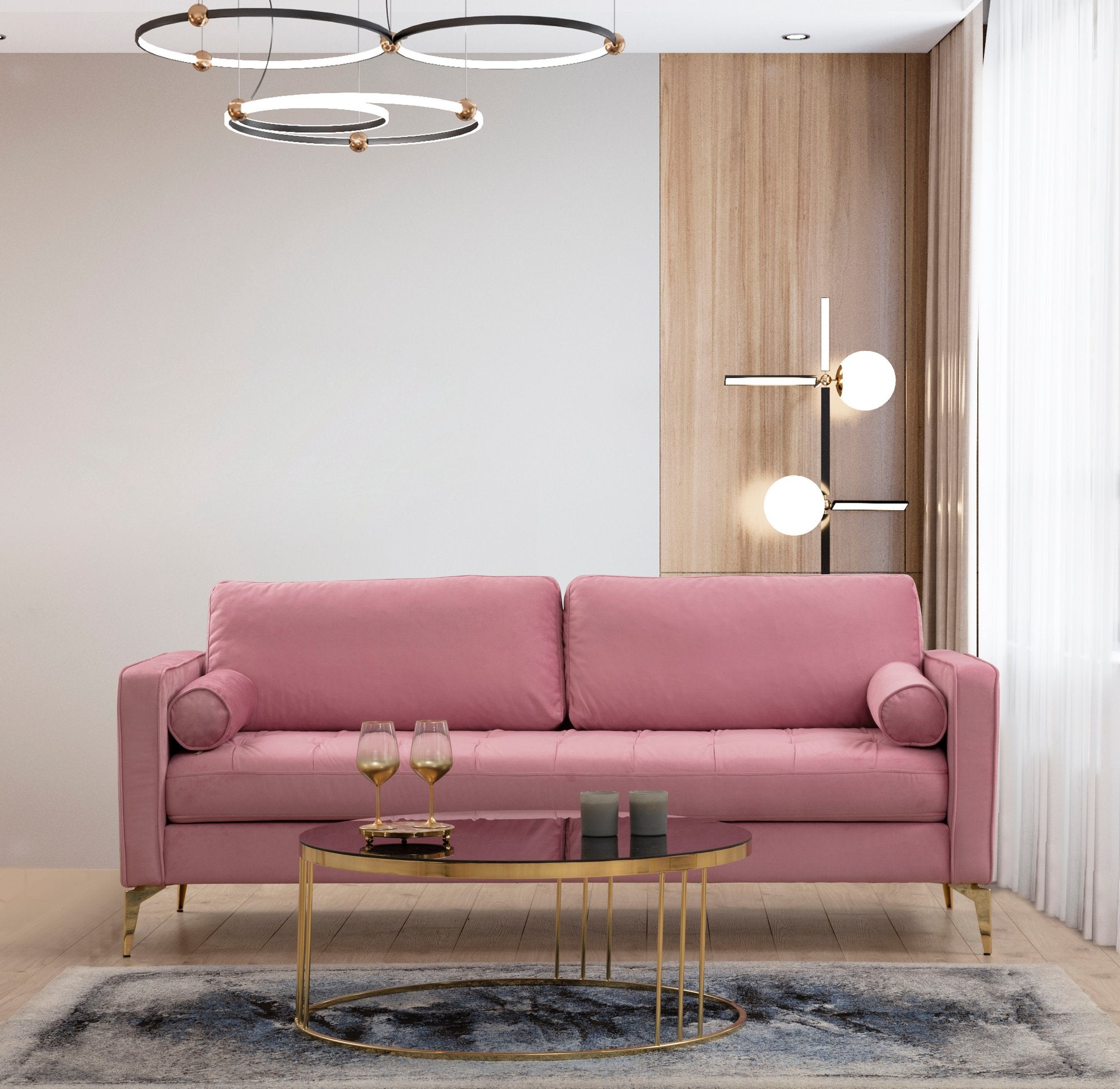 Sofá elegante de 3 lugares em rosa-pó, madeira de faia e estrutura de aglomerado, 215 cm | 100% poliéster, 2 almofadas incluídas | Perfeito para salas de estar e hotéis modernos