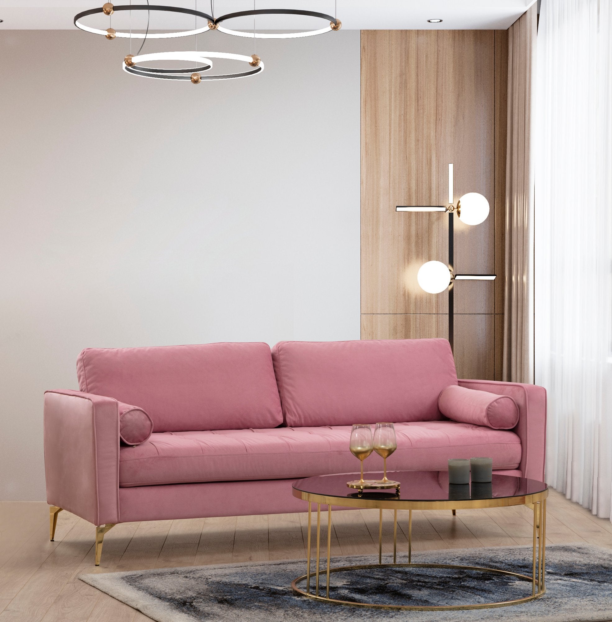 Sofá elegante de 3 lugares em rosa-pó, madeira de faia e estrutura de aglomerado, 215 cm | 100% poliéster, 2 almofadas incluídas | Perfeito para salas de estar e hotéis modernos