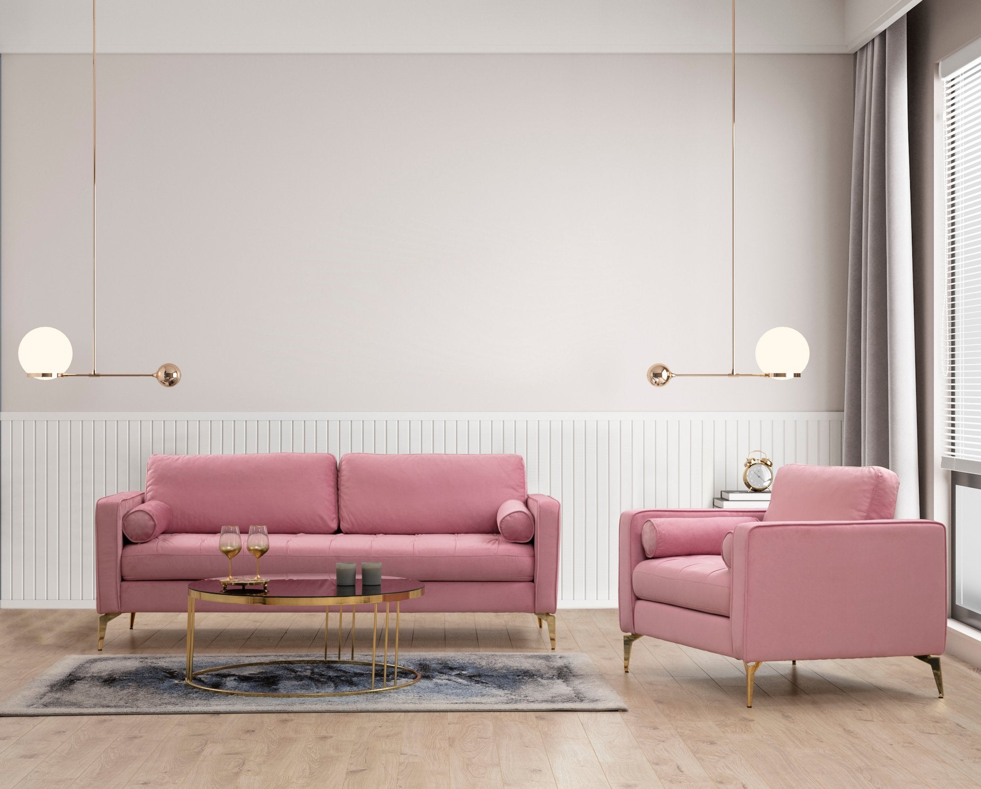 Sofá elegante de 3 lugares em rosa-pó, madeira de faia e estrutura de aglomerado, 215 cm | 100% poliéster, 2 almofadas incluídas | Perfeito para salas de estar e hotéis modernos