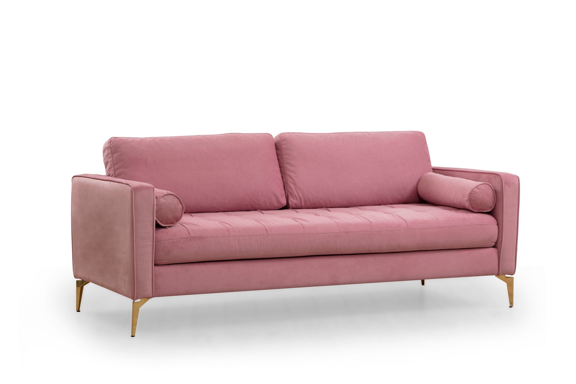 Sofá elegante de 3 lugares em rosa-pó, madeira de faia e estrutura de aglomerado, 215 cm | 100% poliéster, 2 almofadas incluídas | Perfeito para salas de estar e hotéis modernos