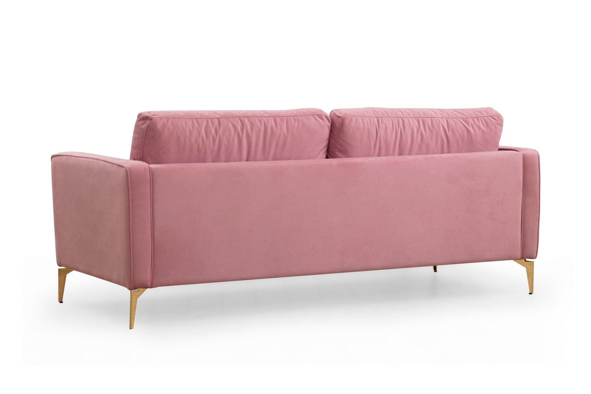 Sofá elegante de 3 lugares em rosa-pó, madeira de faia e estrutura de aglomerado, 215 cm | 100% poliéster, 2 almofadas incluídas | Perfeito para salas de estar e hotéis modernos