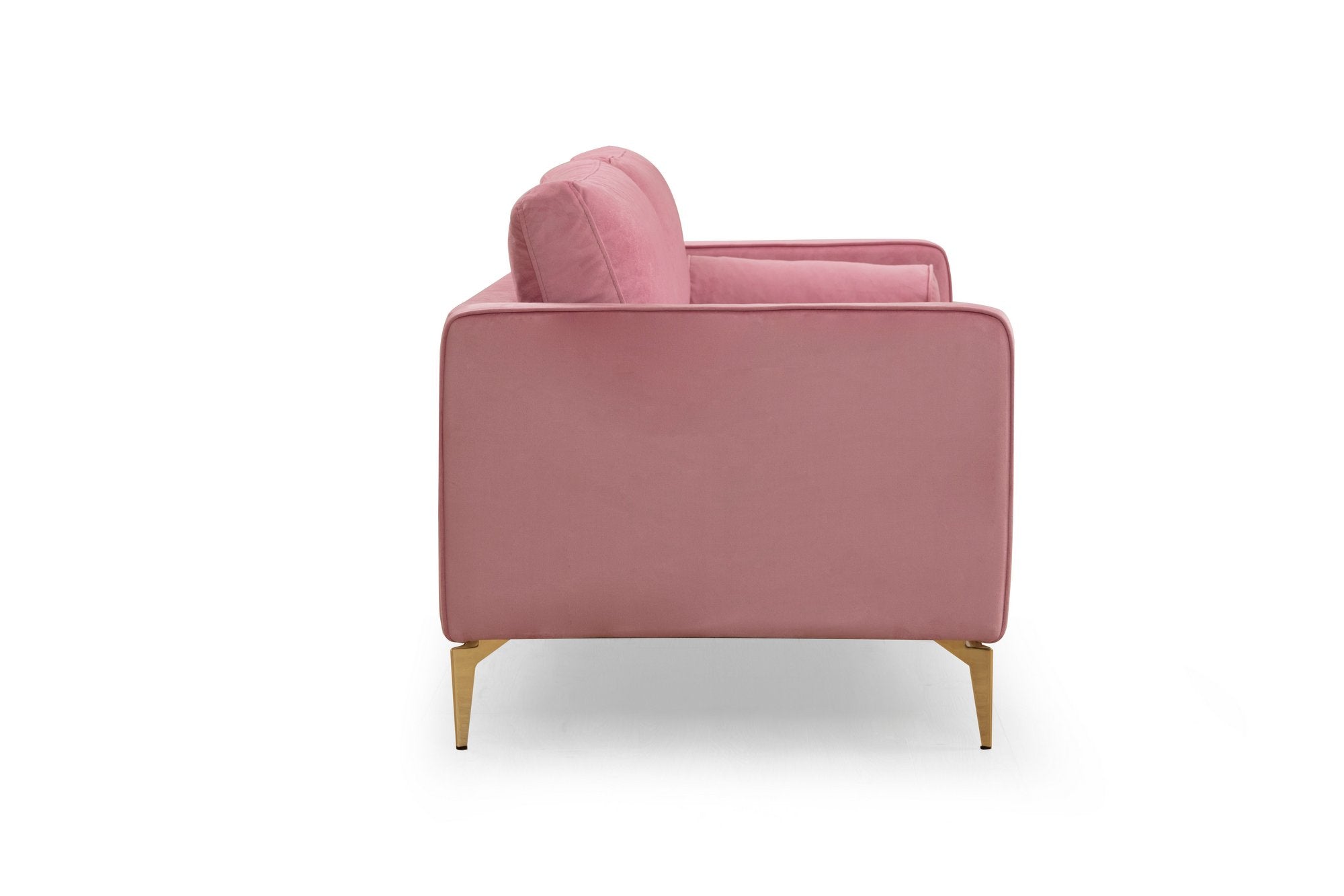 Sofá elegante de 3 lugares em rosa-pó, madeira de faia e estrutura de aglomerado, 215 cm | 100% poliéster, 2 almofadas incluídas | Perfeito para salas de estar e hotéis modernos