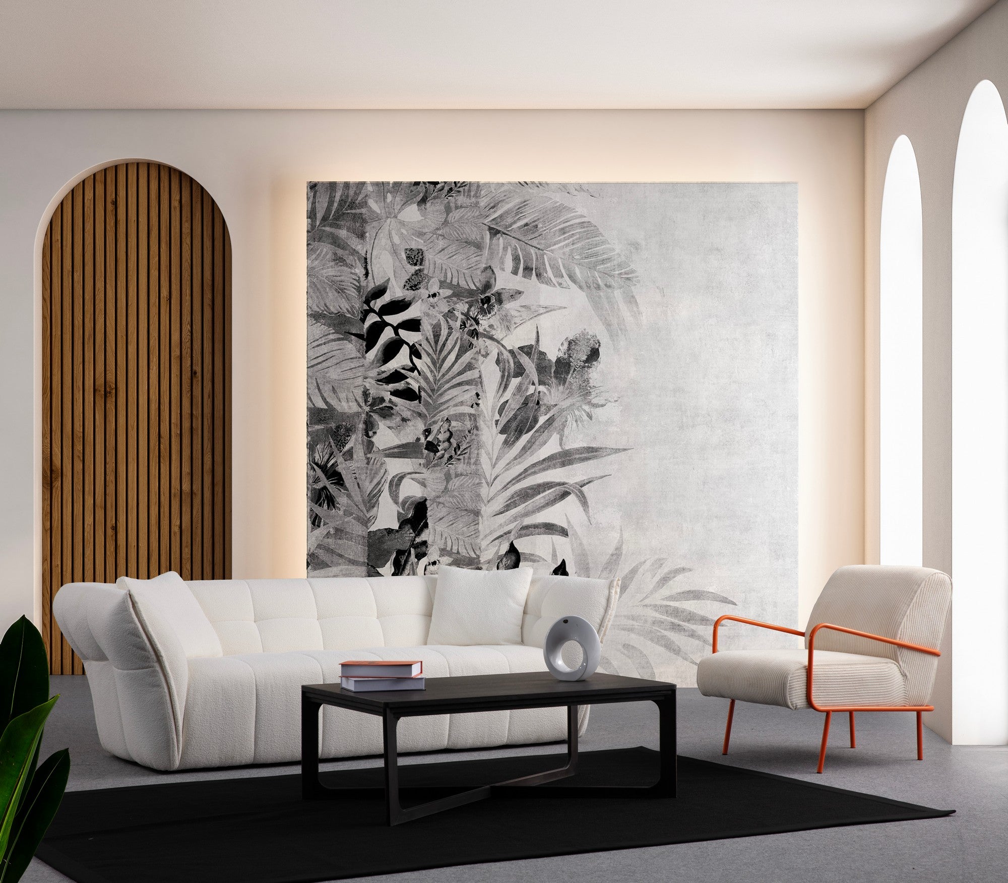 Sofá elegante de 3 lugares, branco, 240 cm | Estrutura em madeira de faia e aglomerado, tecido 100% poliéster | Espuma cinza macia e almofadas incluídas | Design moderno