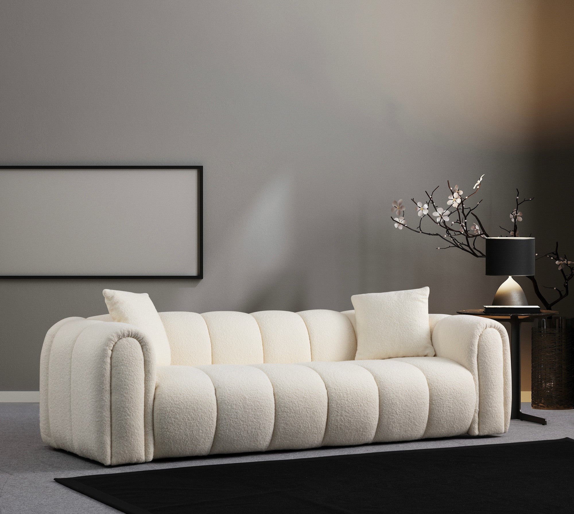 Sofá elegante de 3 lugares, branco, 240 x 105 x 75 cm | Estrutura em madeira de faia e aglomerado, tecido 100% poliéster, espuma cinza macia | Design moderno para sala de estar