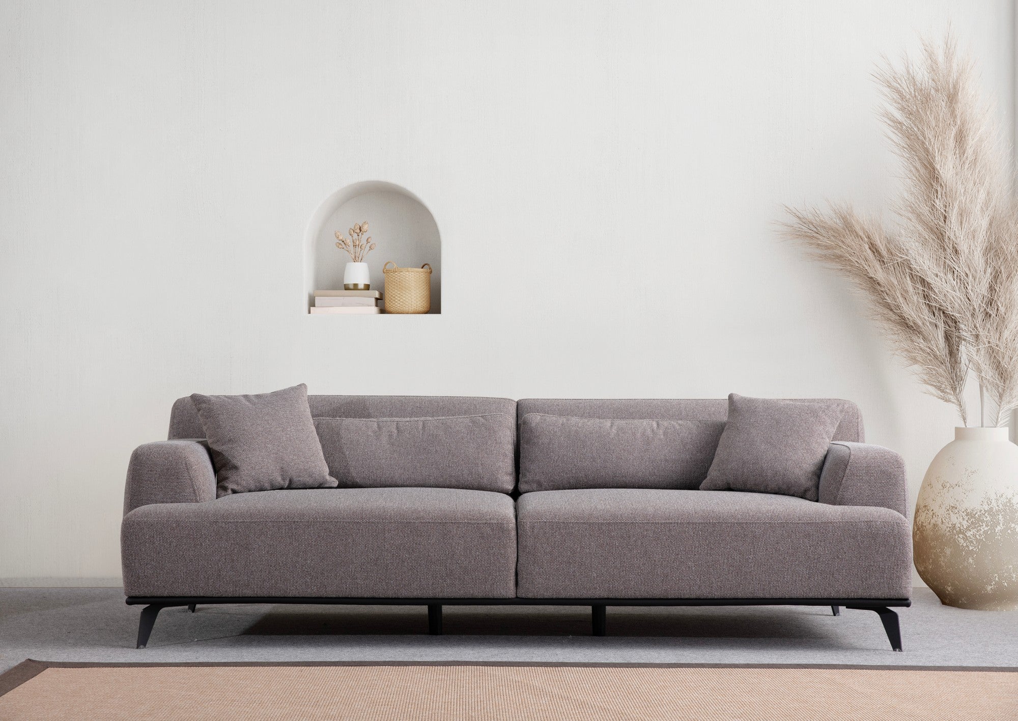 Sofá elegante de 3 lugares, estrutura de madeira de faia e aglomerado, 240 cm | Poliéster cinza suave, 5 almofadas incluídas | Pés de metal preto, design moderno para sala de estar