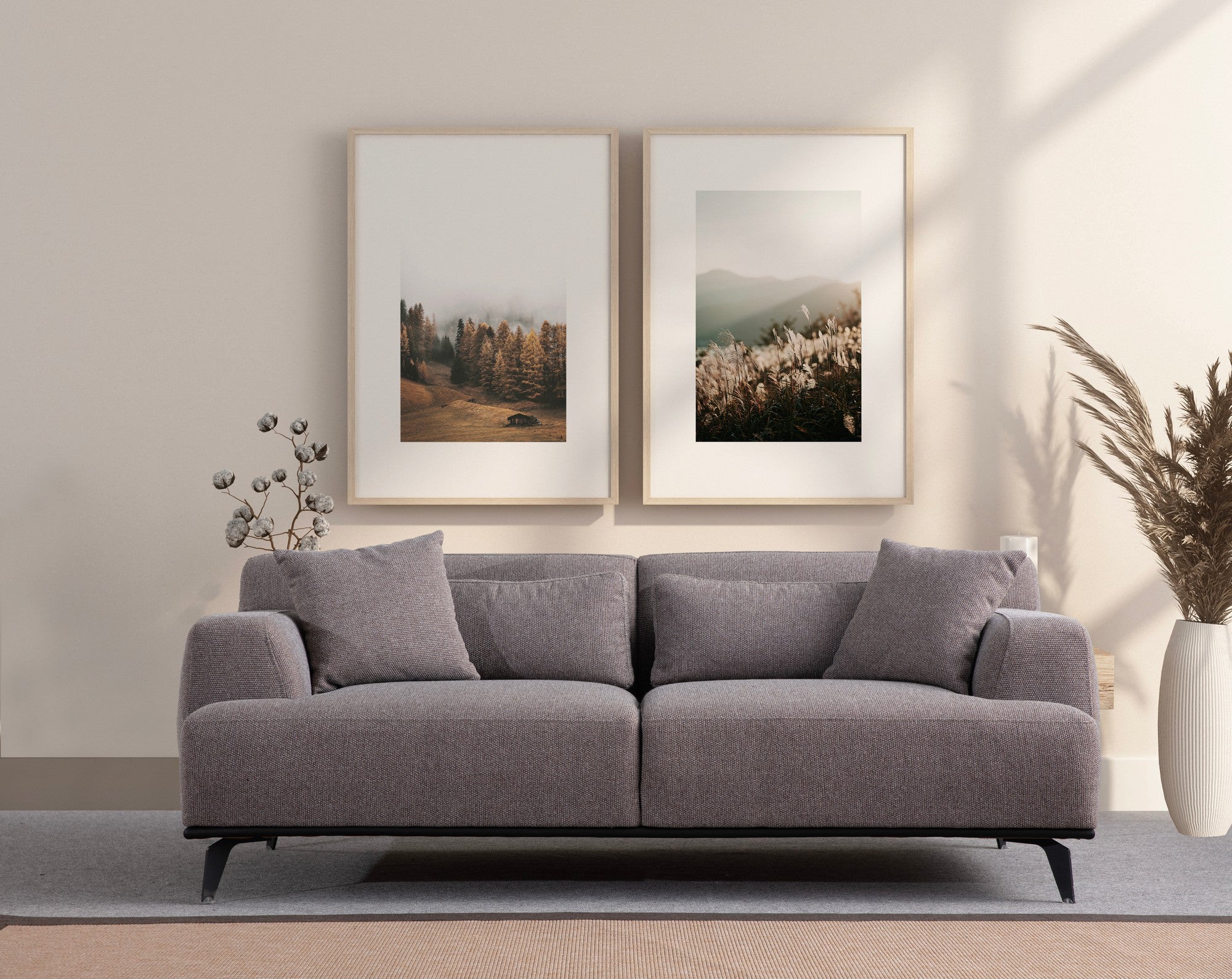 Sofá elegante de 2 lugares, estrutura de madeira de faia e aglomerado, 200 cm | Poliéster cinza suave, 5 almofadas incluídas | Pés de metal preto, design moderno para sala de estar