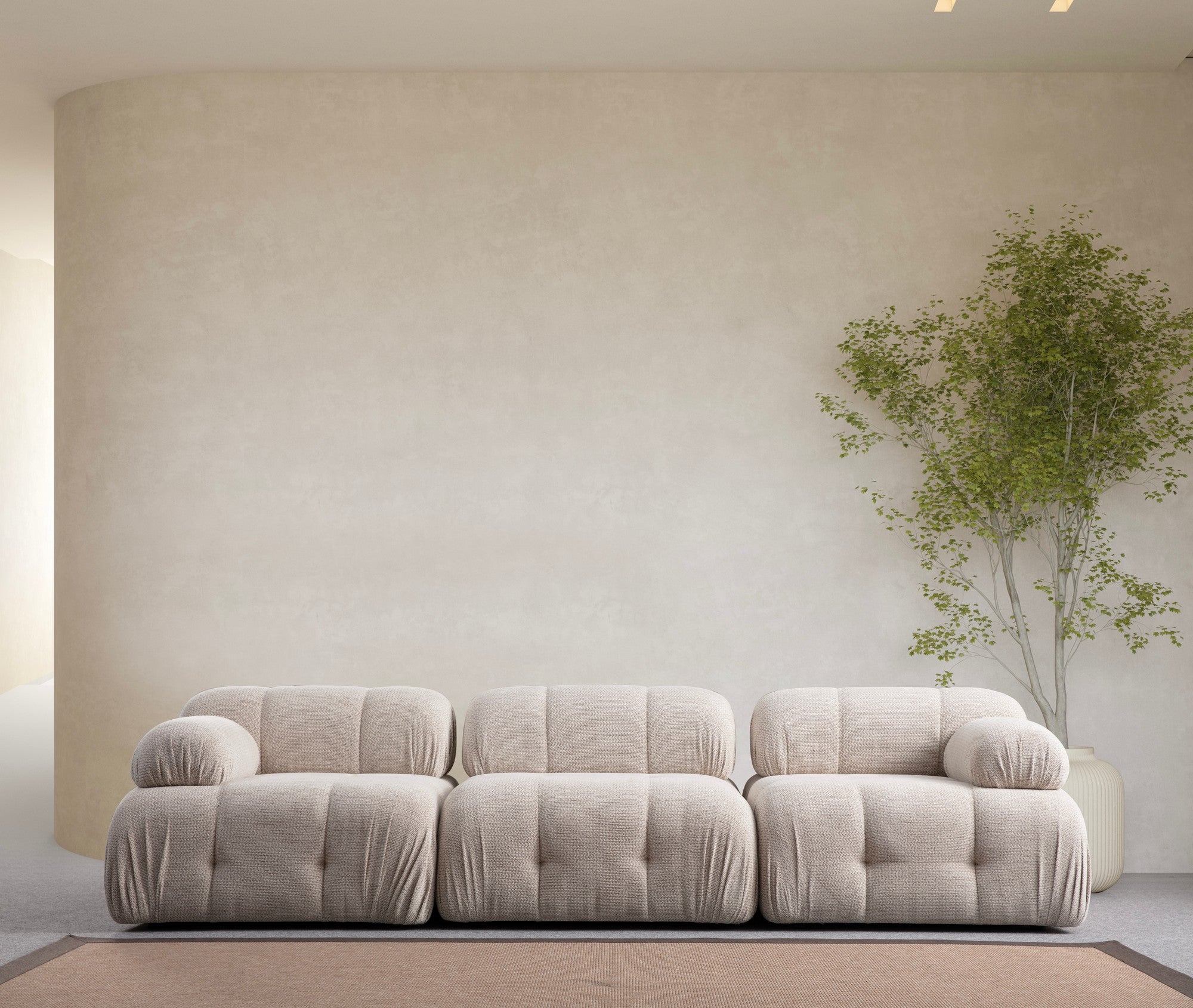 Sofá elegante de 3 lugares, cor creme, 290 x 95 x 75 cm | Estrutura em madeira de faia e aglomerado, tecido 100% poliéster | Espuma cinza macia para máximo conforto