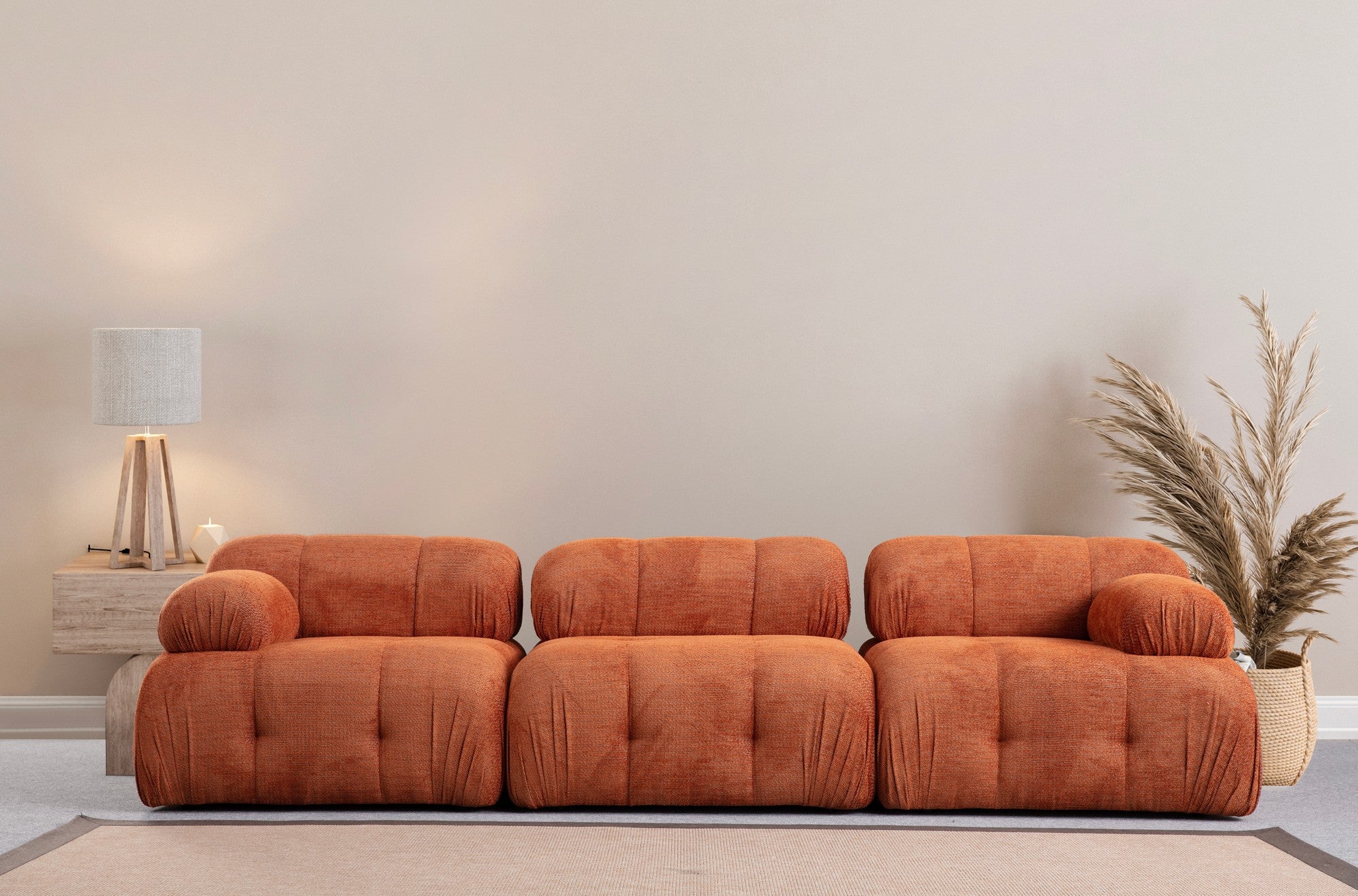 Sofá elegante de 3 lugares, laranja, 290 x 95 x 75 cm | Estrutura em madeira de faia e aglomerado, tecido 100% poliéster, espuma macia | Design moderno para sala de estar