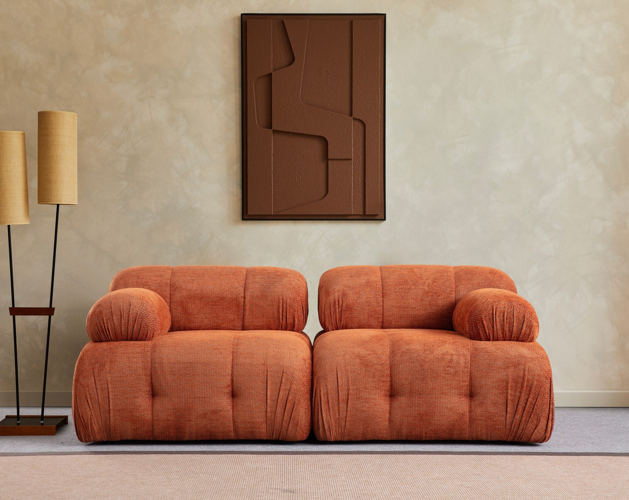 Sofá elegante de 2 lugares, laranja, 190 x 95 x 75 cm | Estrutura em madeira de faia e aglomerado, tecido 100% poliéster | Assentos de espuma macia, design moderno para sala de estar