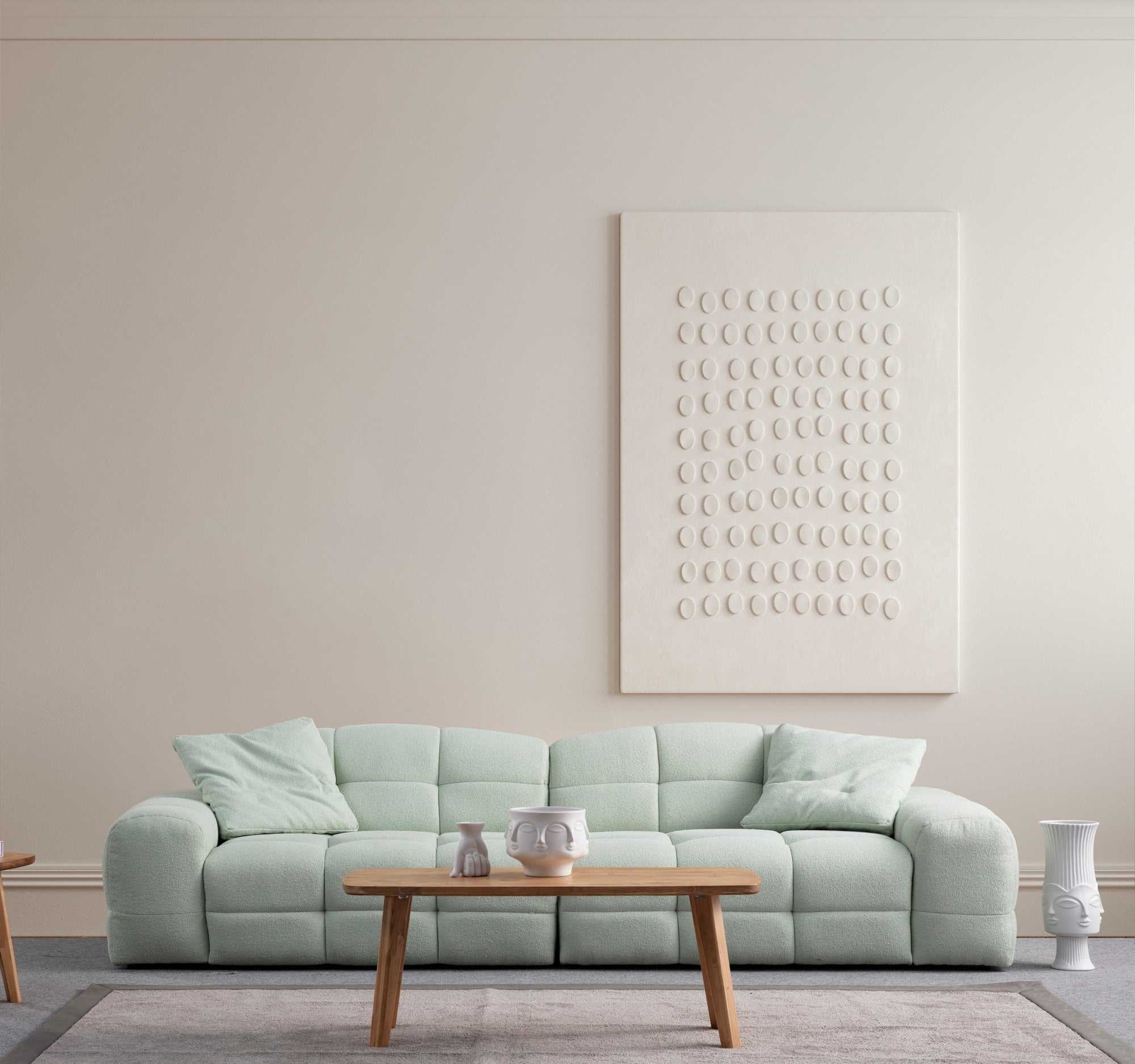 Sofá elegante de 3 lugares, verde-claro, 310 x 108 x 83 cm | Estrutura em madeira de faia e aglomerado, tecido 100% poliéster, inclui 3 almofadas | Conforto e estilo modernos