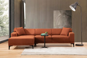 Sofá de canto laranja elegante, estrutura de madeira de faia e aglomerado, 145 x 250 cm | 100% poliéster, almofadas fixas, 2 travesseiros incluídos | Design industrial moderno