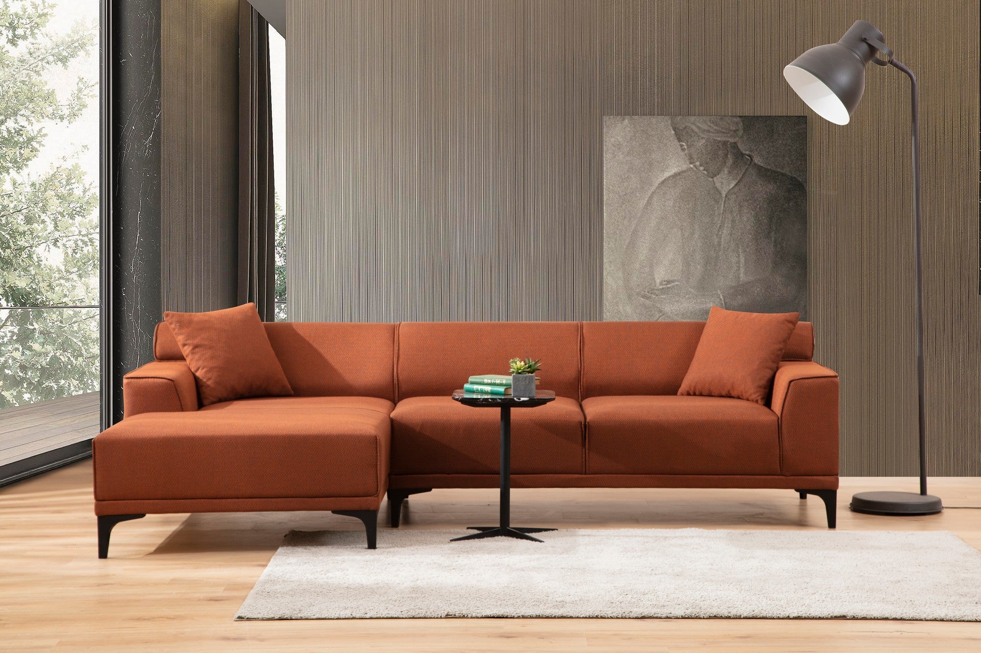 Sofá de canto laranja elegante, estrutura de madeira de faia e aglomerado, 145 x 250 cm | 100% poliéster, almofadas fixas, 2 travesseiros incluídos | Design industrial moderno