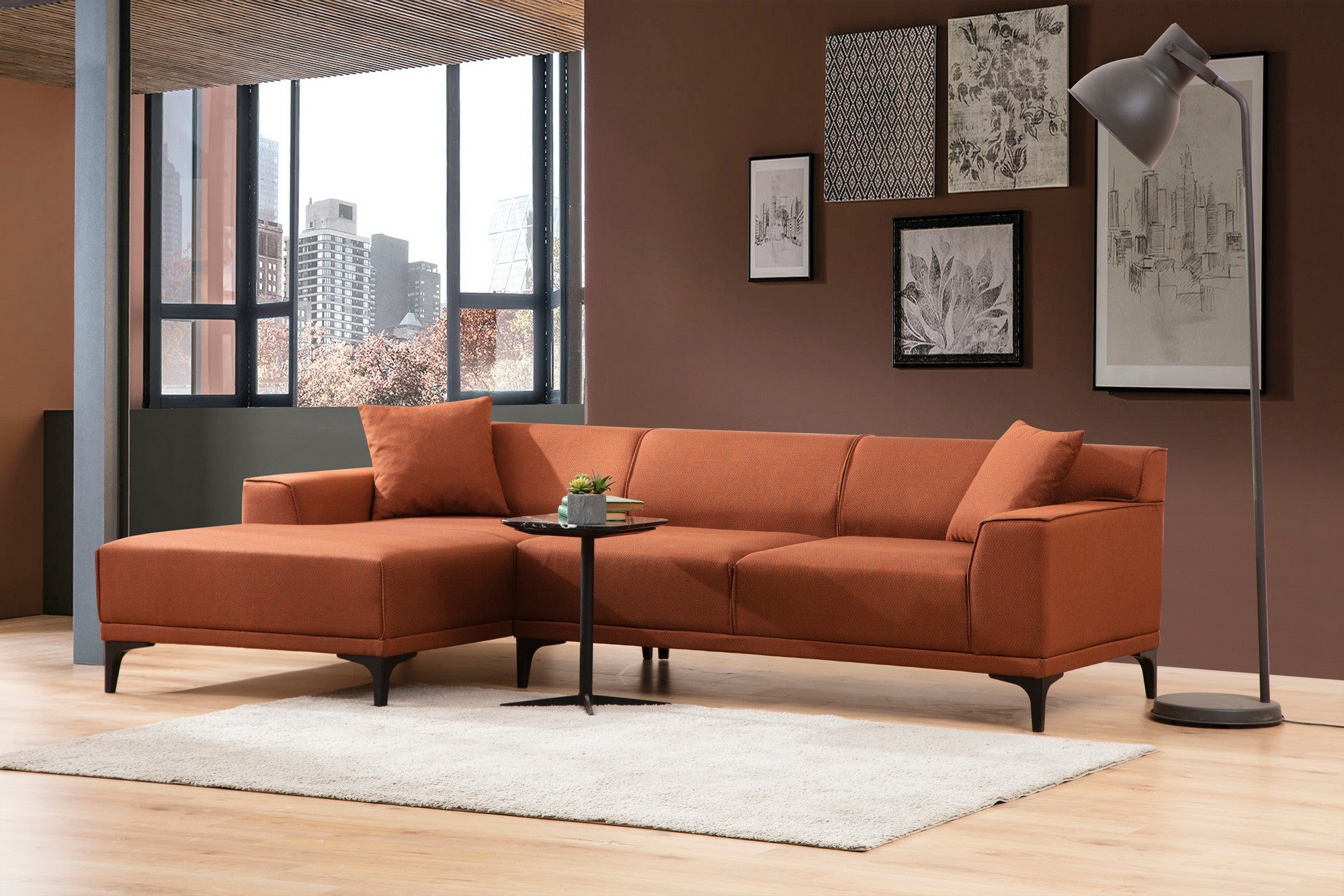 Sofá de canto laranja elegante, estrutura de madeira de faia e aglomerado, 145 x 250 cm | 100% poliéster, almofadas fixas, 2 travesseiros incluídos | Design industrial moderno
