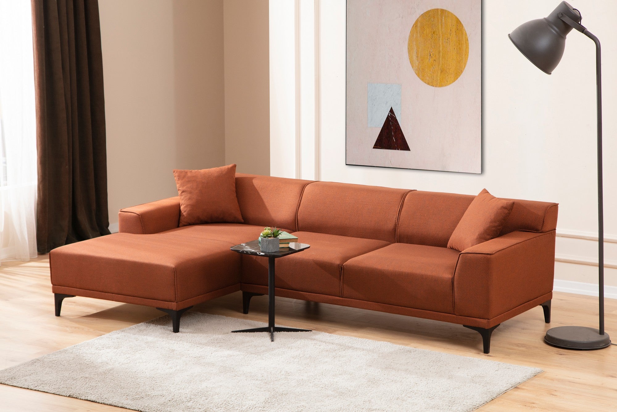 Sofá de canto laranja elegante, estrutura de madeira de faia e aglomerado, 145 x 250 cm | 100% poliéster, almofadas fixas, 2 travesseiros incluídos | Design industrial moderno