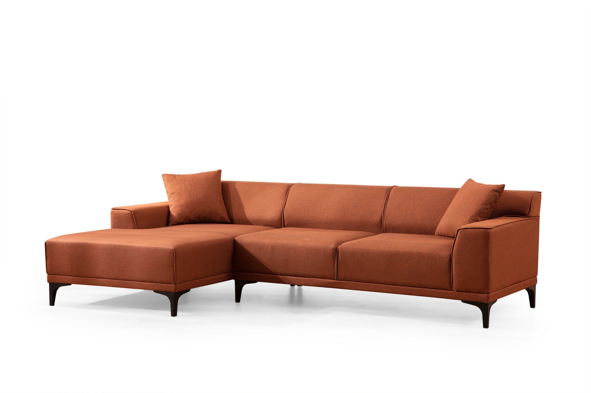 Sofá de canto laranja elegante, estrutura de madeira de faia e aglomerado, 145 x 250 cm | 100% poliéster, almofadas fixas, 2 travesseiros incluídos | Design industrial moderno