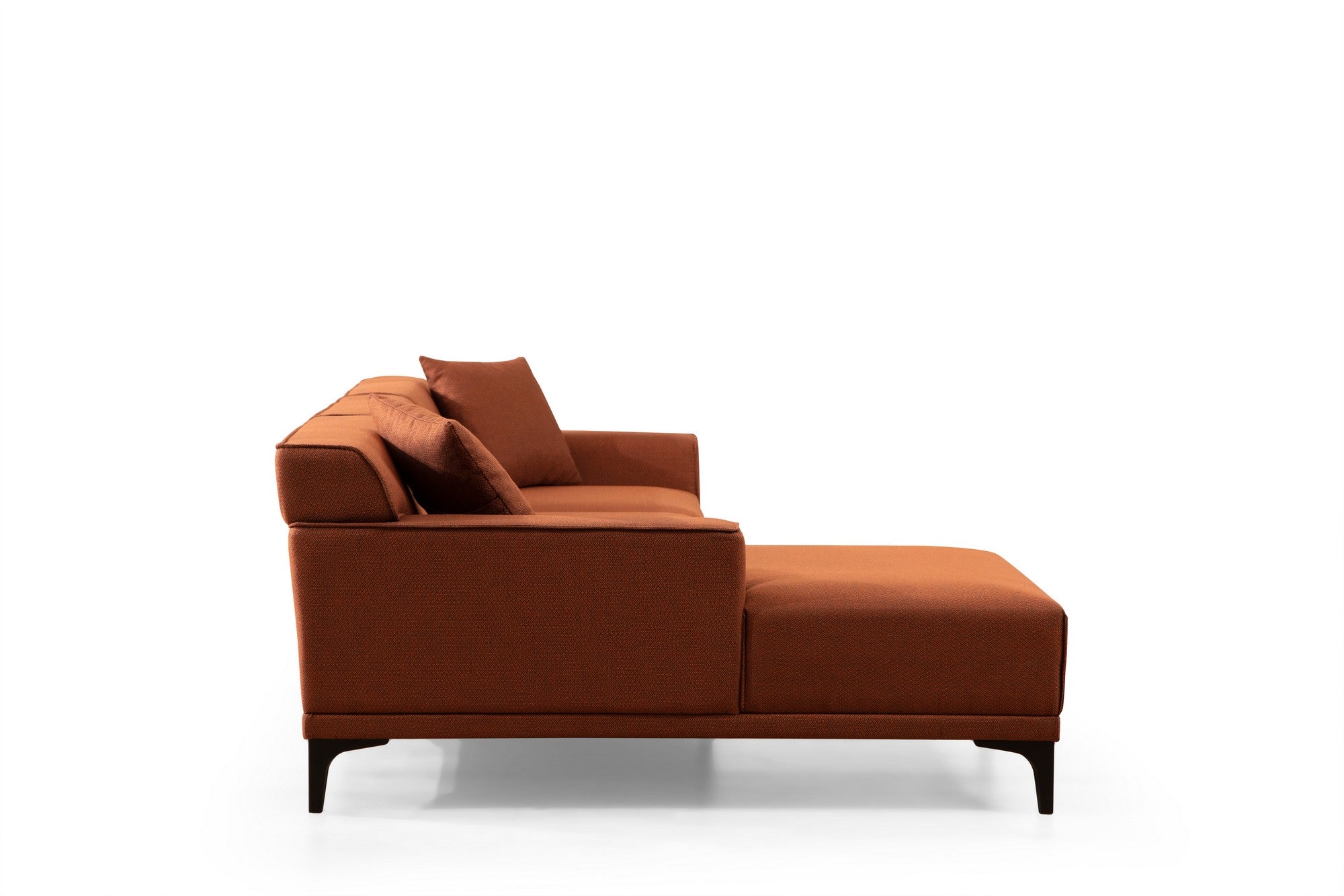Sofá de canto laranja elegante, estrutura de madeira de faia e aglomerado, 145 x 250 cm | 100% poliéster, almofadas fixas, 2 travesseiros incluídos | Design industrial moderno