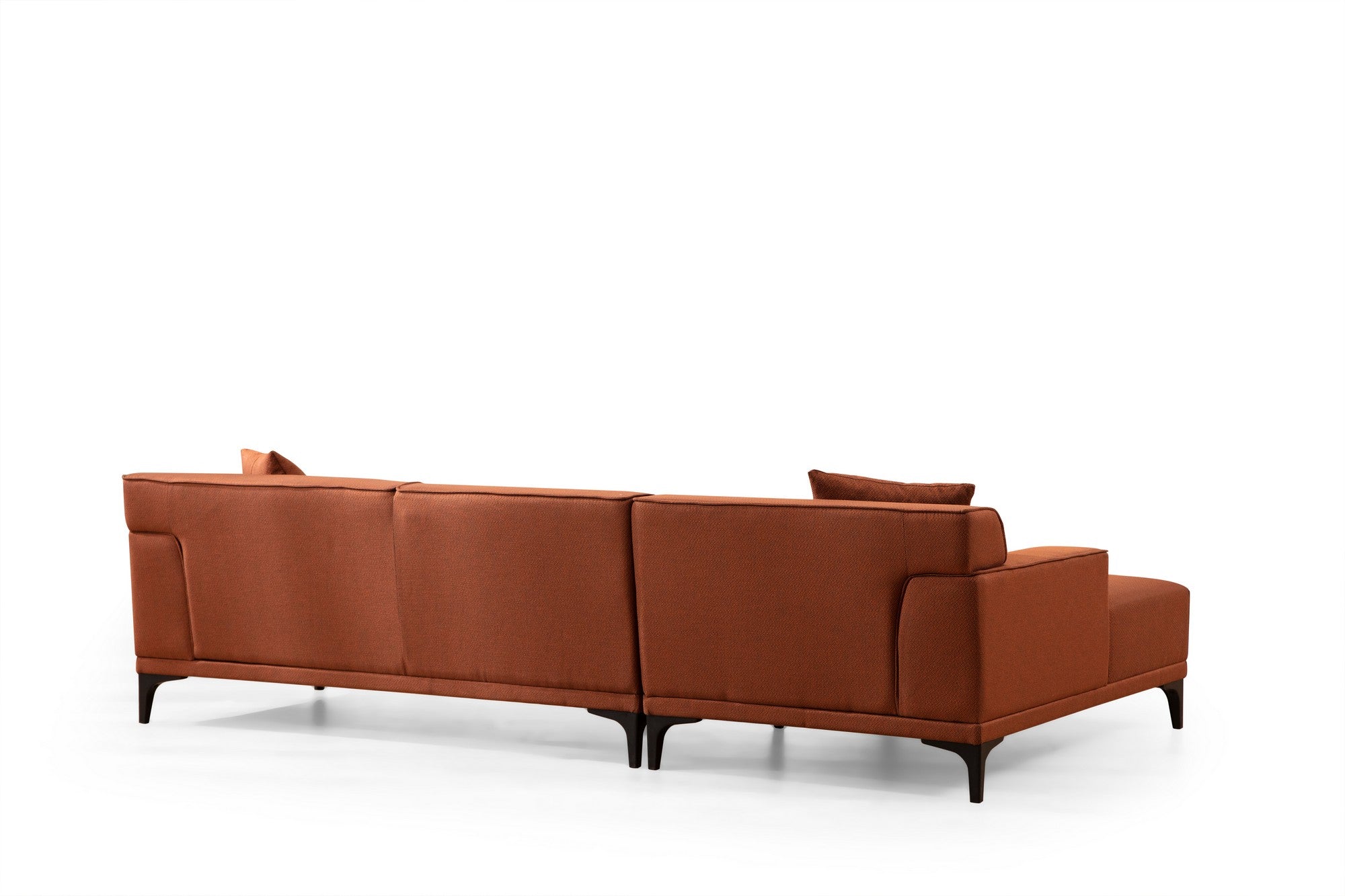 Sofá de canto laranja elegante, estrutura de madeira de faia e aglomerado, 145 x 250 cm | 100% poliéster, almofadas fixas, 2 travesseiros incluídos | Design industrial moderno