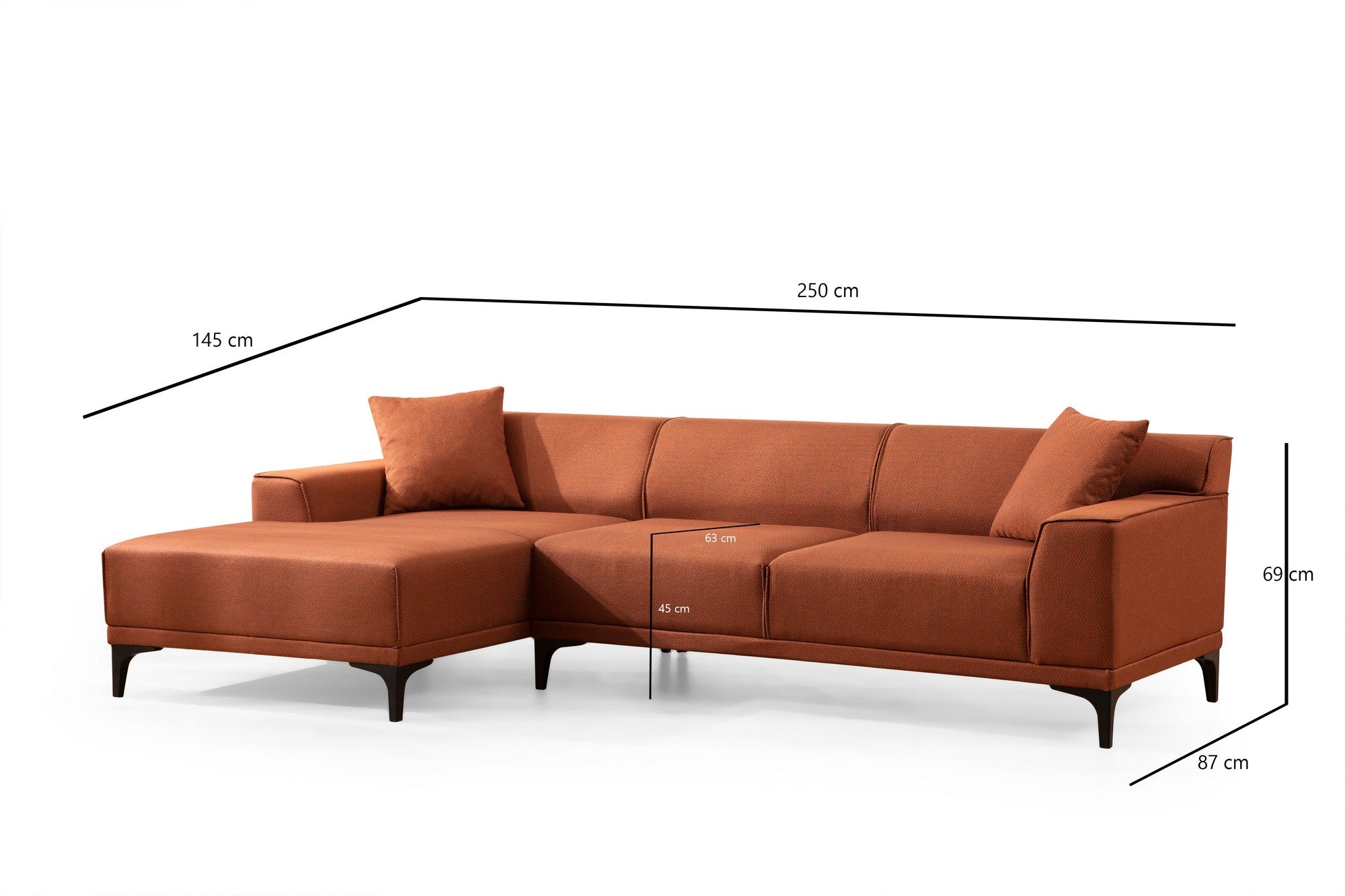 Sofá de canto laranja elegante, estrutura de madeira de faia e aglomerado, 145 x 250 cm | 100% poliéster, almofadas fixas, 2 travesseiros incluídos | Design industrial moderno