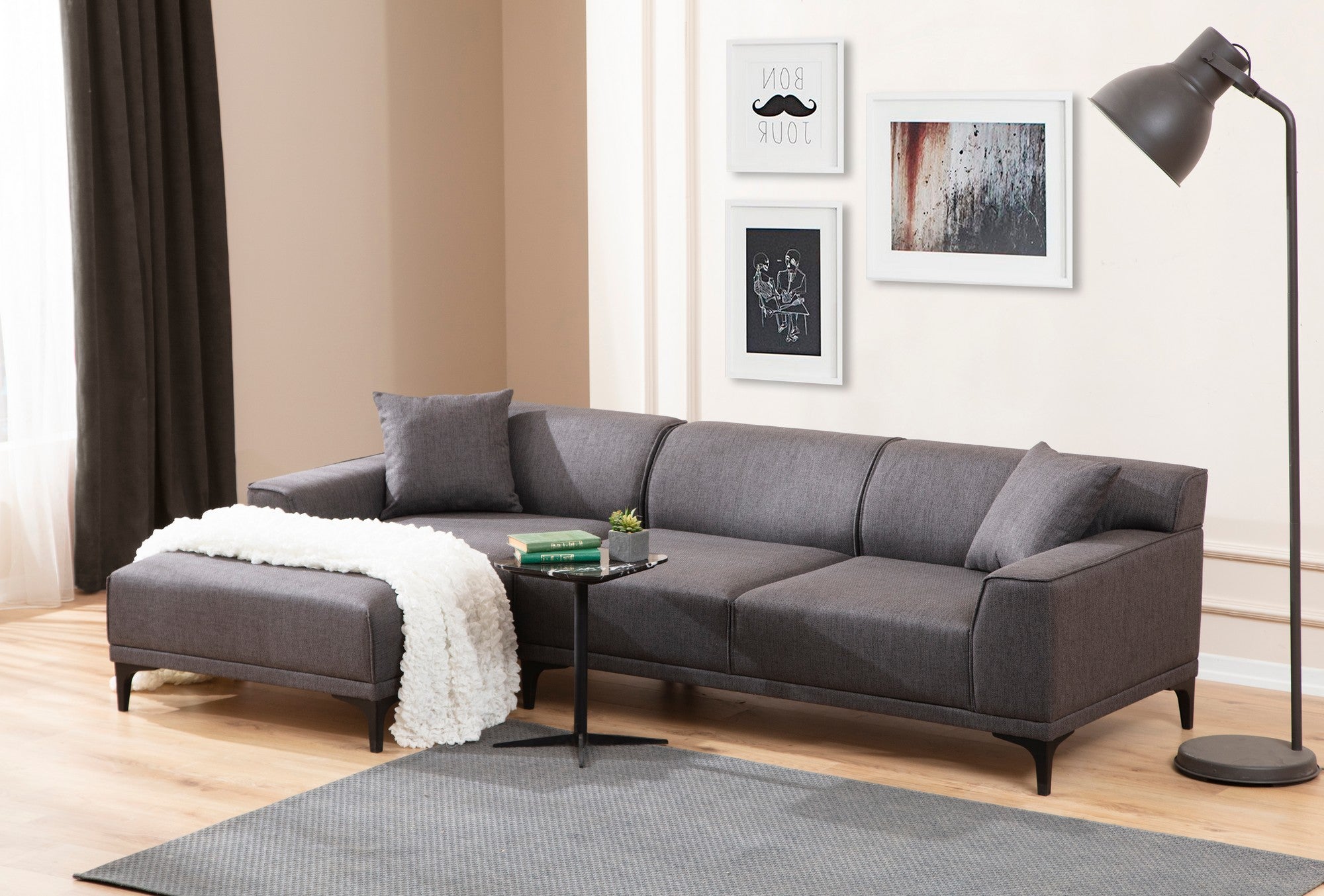 Sofá de canto elegante, antracite, 145 x 250 x 77 cm | Estrutura em madeira de faia e aglomerado, 100% poliéster, almofadas fixas, 2 travesseiros incluídos | Design escandinavo industrial moderno