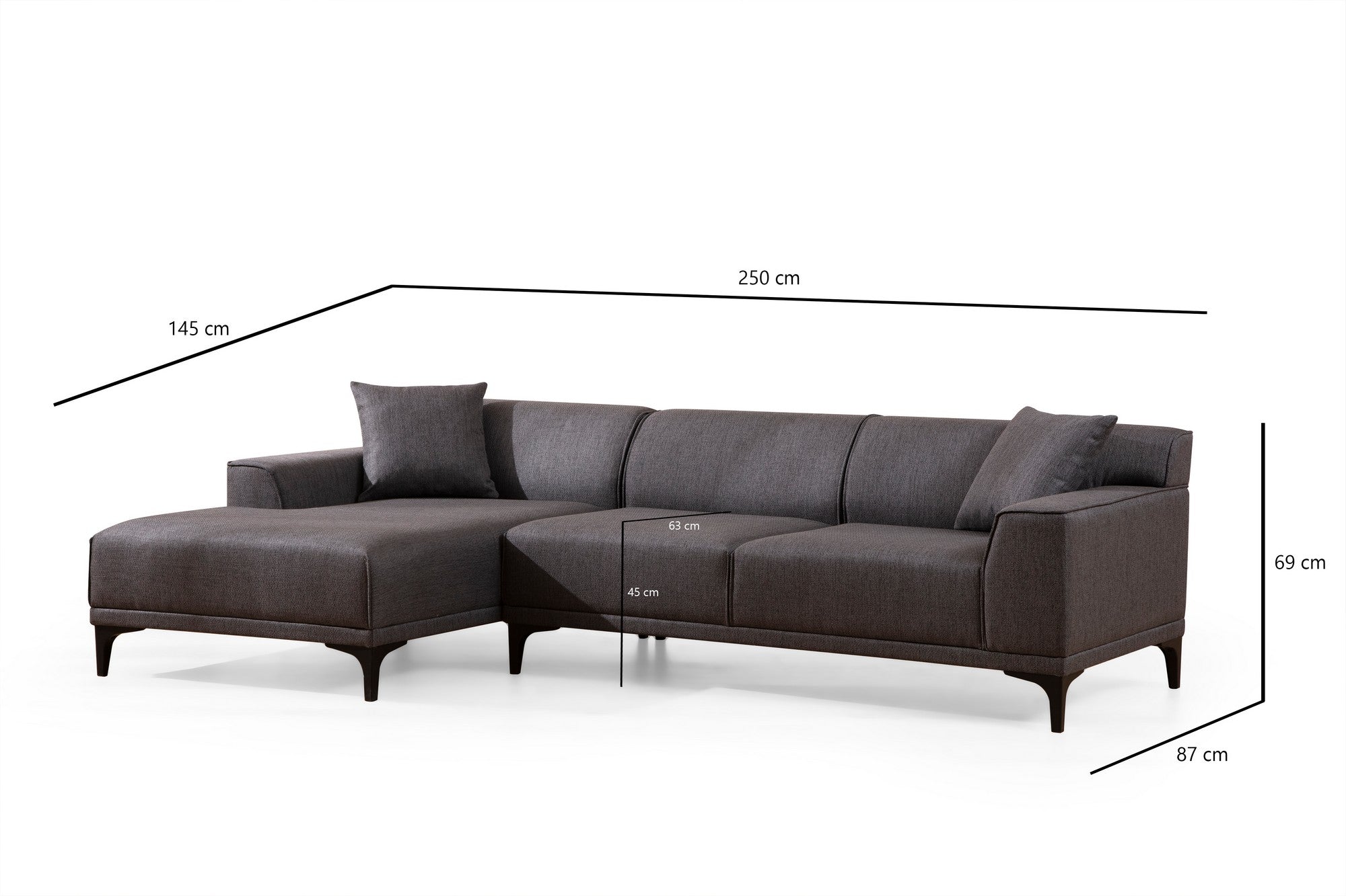 Sofá de canto elegante, antracite, 145 x 250 x 77 cm | Estrutura em madeira de faia e aglomerado, 100% poliéster, almofadas fixas, 2 travesseiros incluídos | Design escandinavo industrial moderno