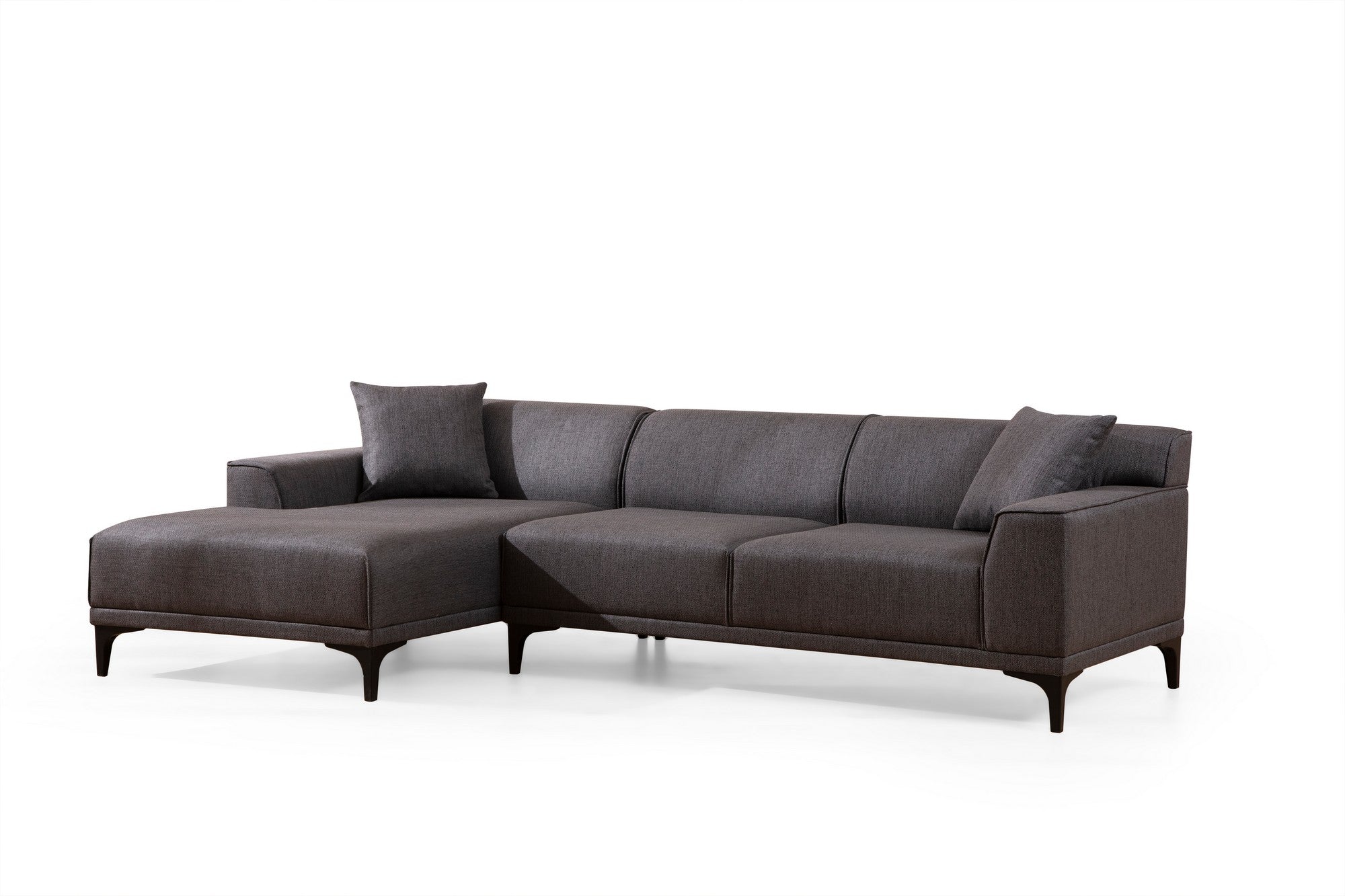 Sofá de canto elegante, antracite, 145 x 250 x 77 cm | Estrutura em madeira de faia e aglomerado, 100% poliéster, almofadas fixas, 2 travesseiros incluídos | Design escandinavo industrial moderno