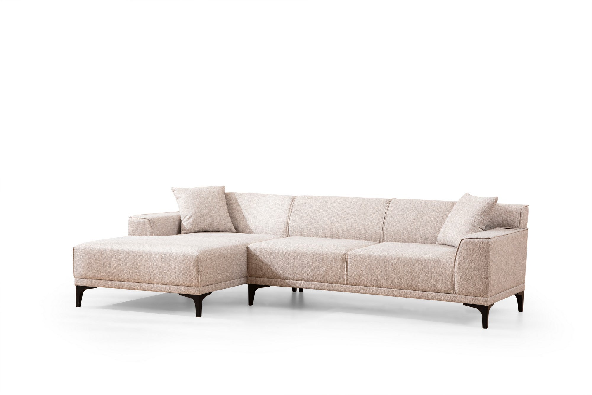 Sofá de canto elegante, branco, 145 x 250 x 86 cm | Estrutura em madeira de faia e aglomerado, 100% poliéster, inclui 2 almofadas | Design escandinavo moderno