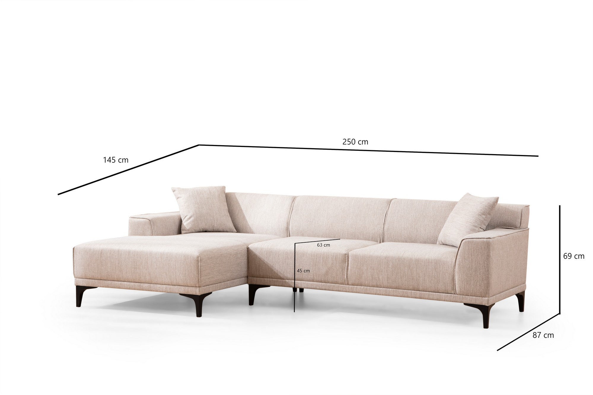 Sofá de canto elegante, branco, 145 x 250 x 86 cm | Estrutura em madeira de faia e aglomerado, 100% poliéster, inclui 2 almofadas | Design escandinavo moderno