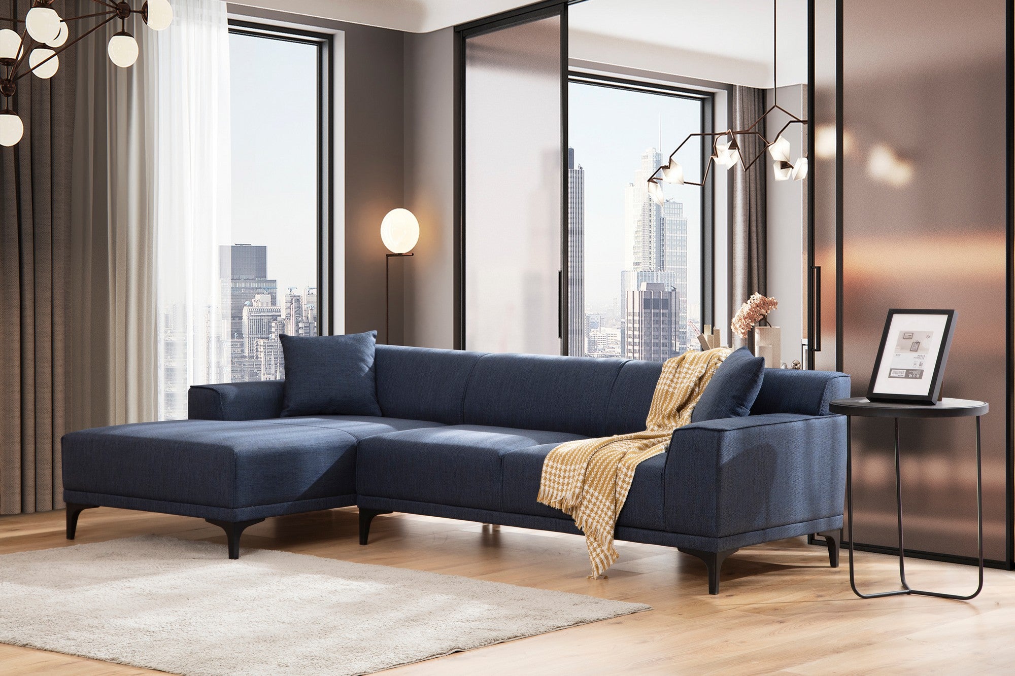 Sofá de canto elegante em azul, estrutura de madeira de faia e aglomerado, 145 x 250 cm | 100% poliéster, almofadas fixas, 2 travesseiros incluídos | Design escandinavo moderno