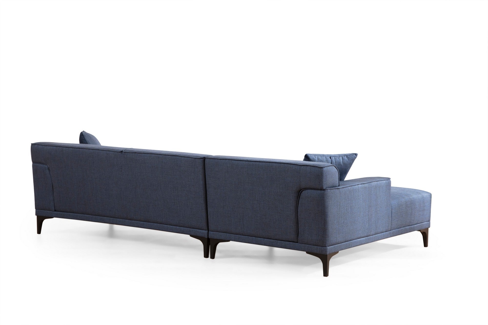 Sofá de canto elegante em azul, estrutura de madeira de faia e aglomerado, 145 x 250 cm | 100% poliéster, almofadas fixas, 2 travesseiros incluídos | Design escandinavo moderno