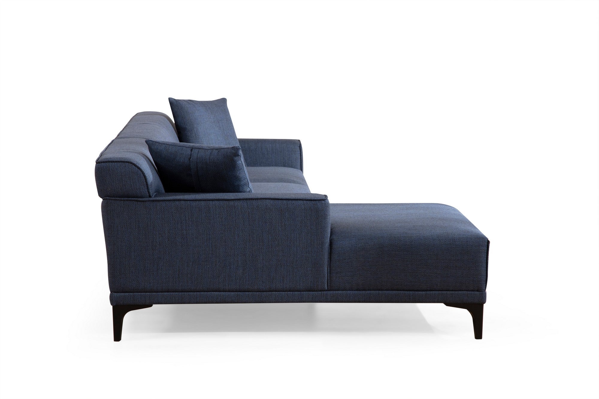 Sofá de canto elegante em azul, estrutura de madeira de faia e aglomerado, 145 x 250 cm | 100% poliéster, almofadas fixas, 2 travesseiros incluídos | Design escandinavo moderno