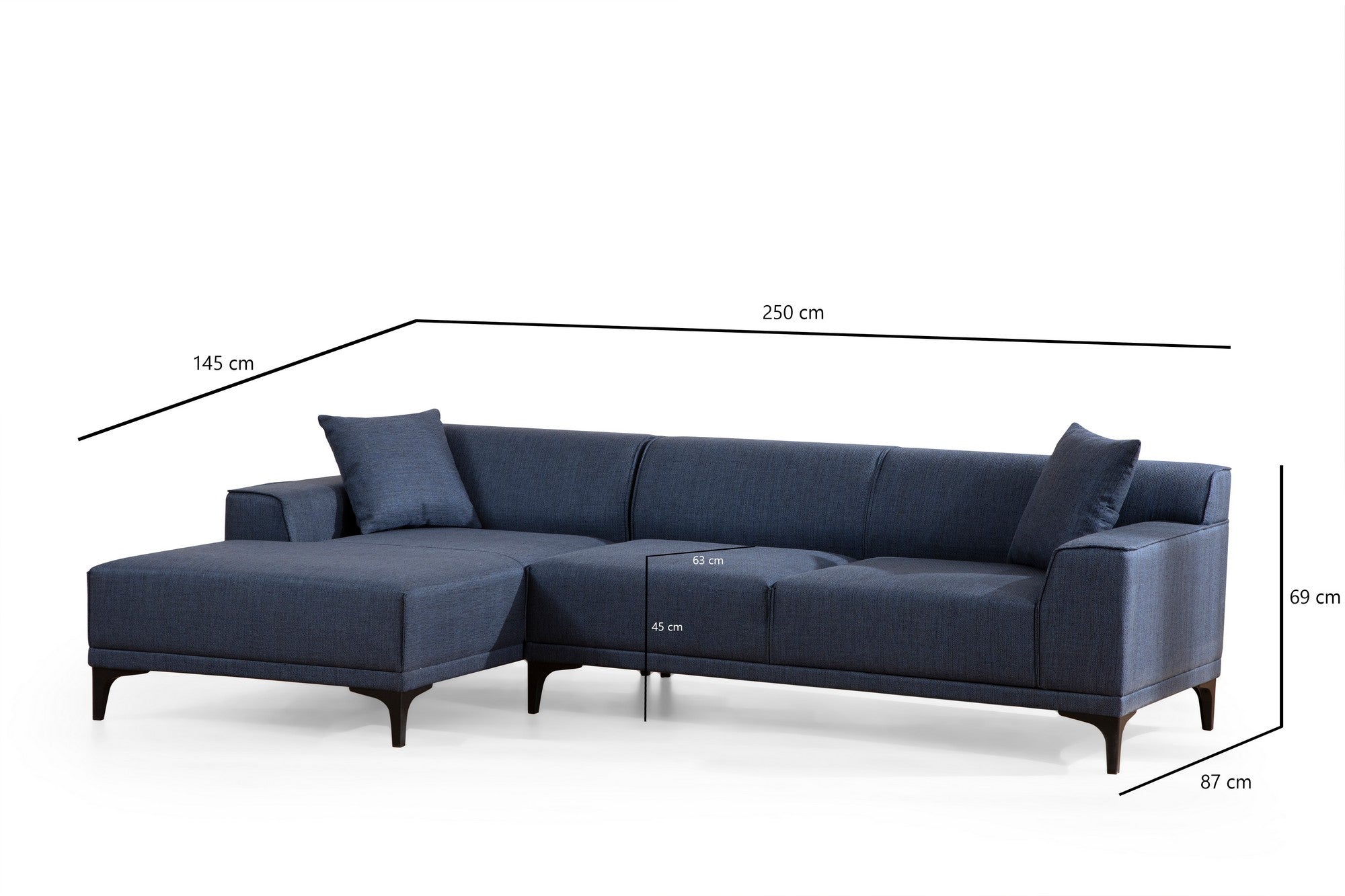 Sofá de canto elegante em azul, estrutura de madeira de faia e aglomerado, 145 x 250 cm | 100% poliéster, almofadas fixas, 2 travesseiros incluídos | Design escandinavo moderno