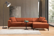 Sofá de canto laranja elegante, estrutura de madeira de faia e aglomerado, 145 x 250 cm | 100% poliéster, almofadas fixas, 2 travesseiros incluídos | Design industrial moderno